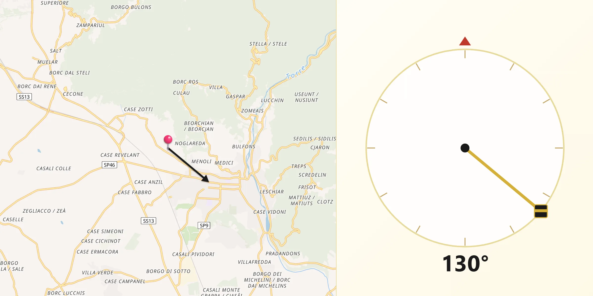 Direzione della Qibla da Magnano in Riviera