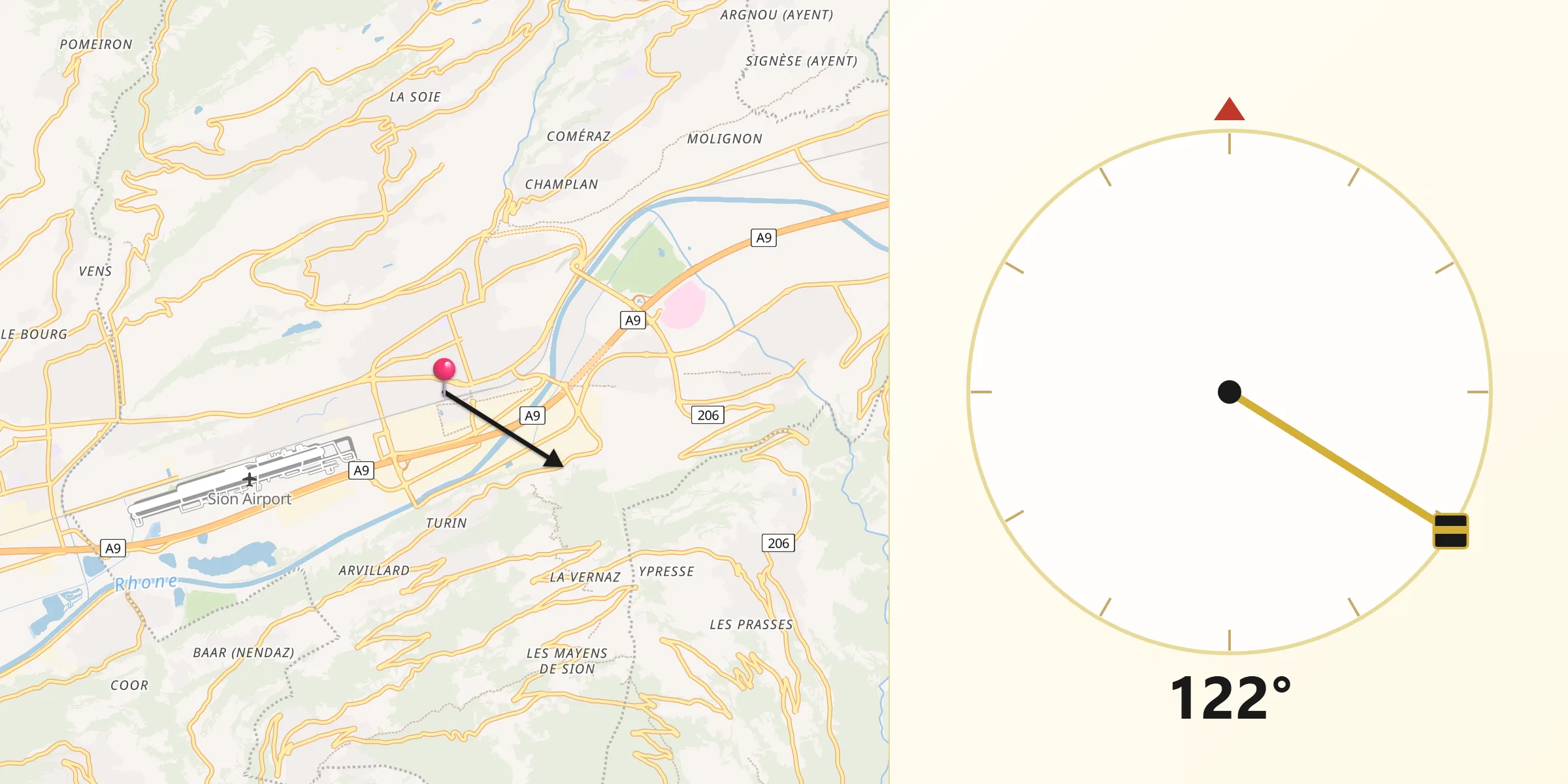 Direction vers la Qibla depuis Sion