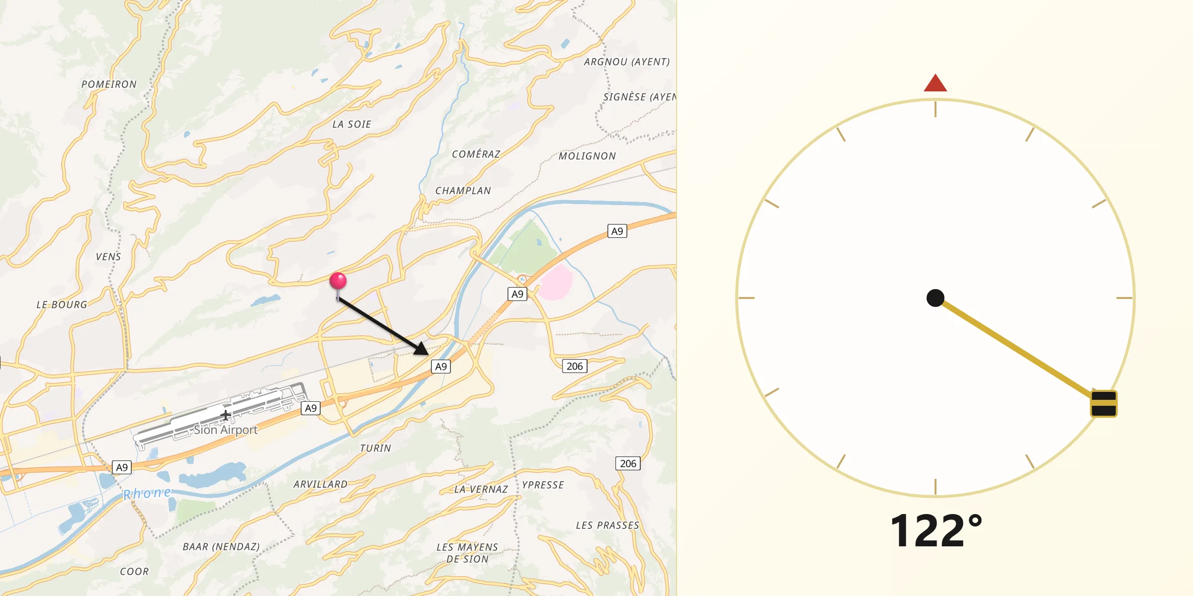 Direction vers la Qibla depuis Sion
