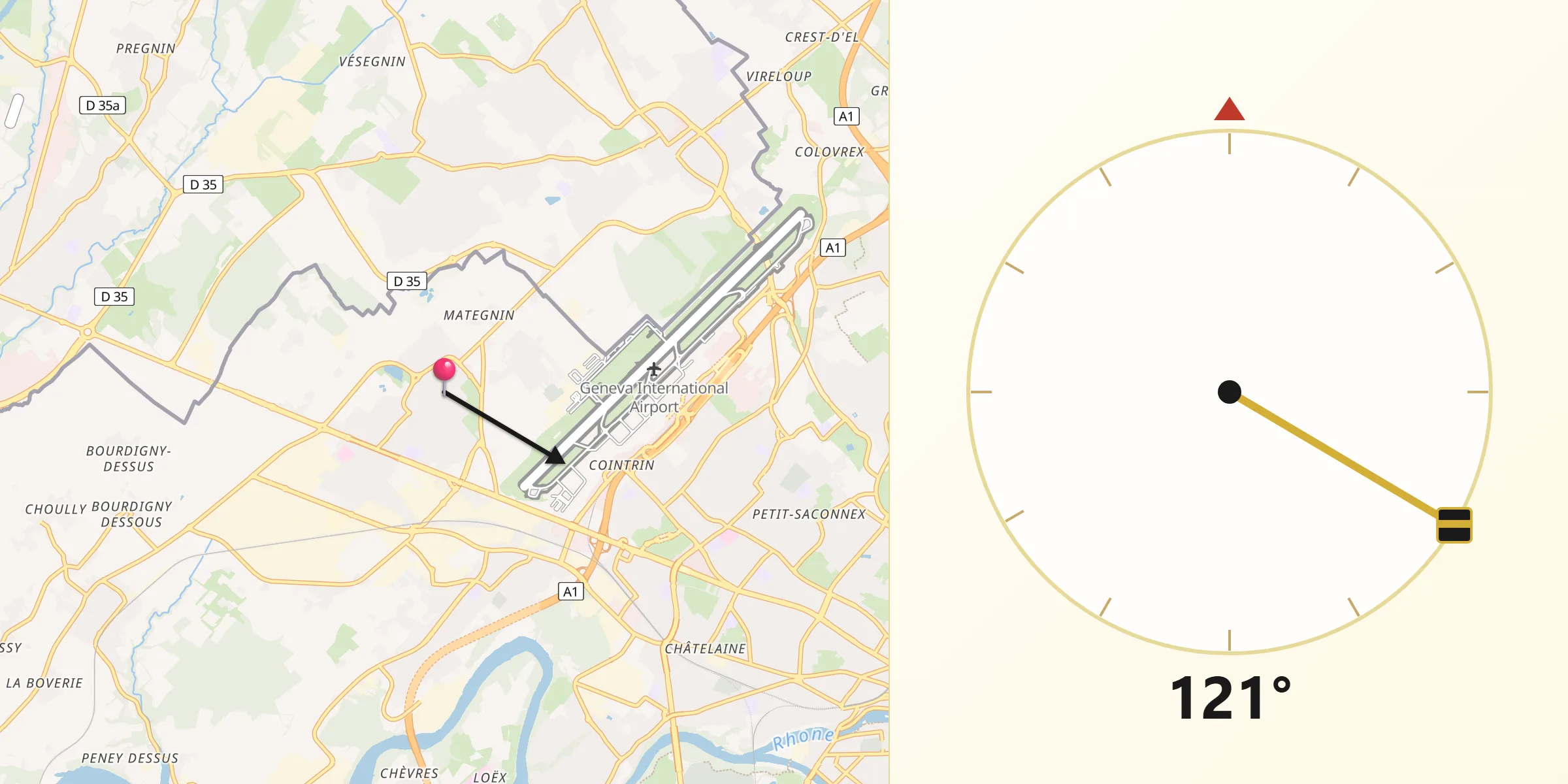 Direction vers la Qibla depuis Meyrin