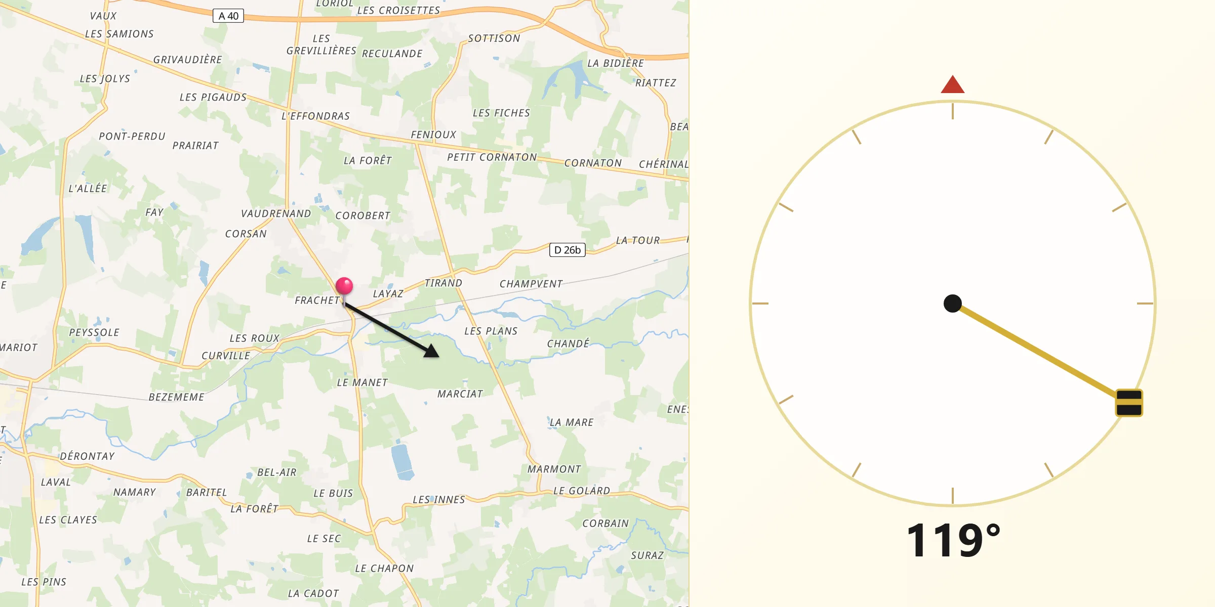 Direction vers la Qibla depuis Mézériat