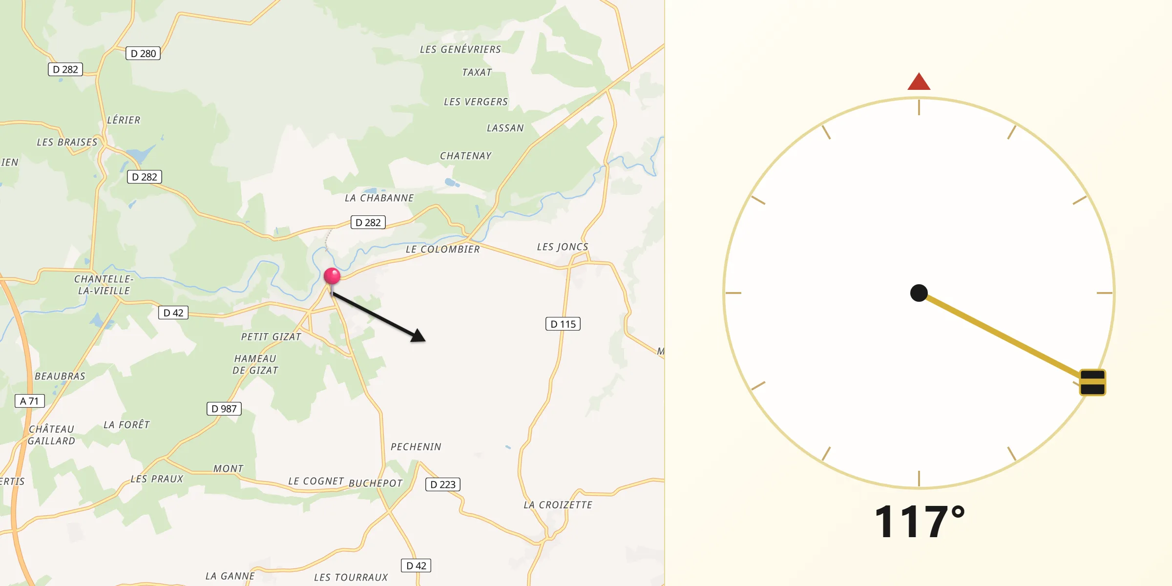 Direction vers la Qibla depuis Chantelle