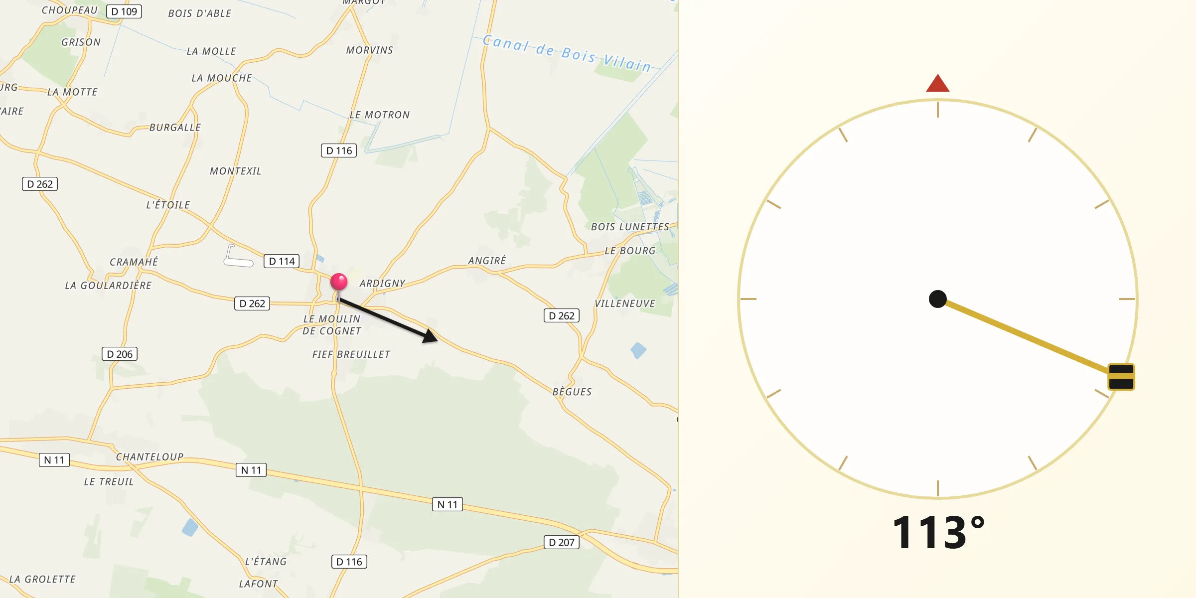 Direction vers la Qibla depuis Courçon