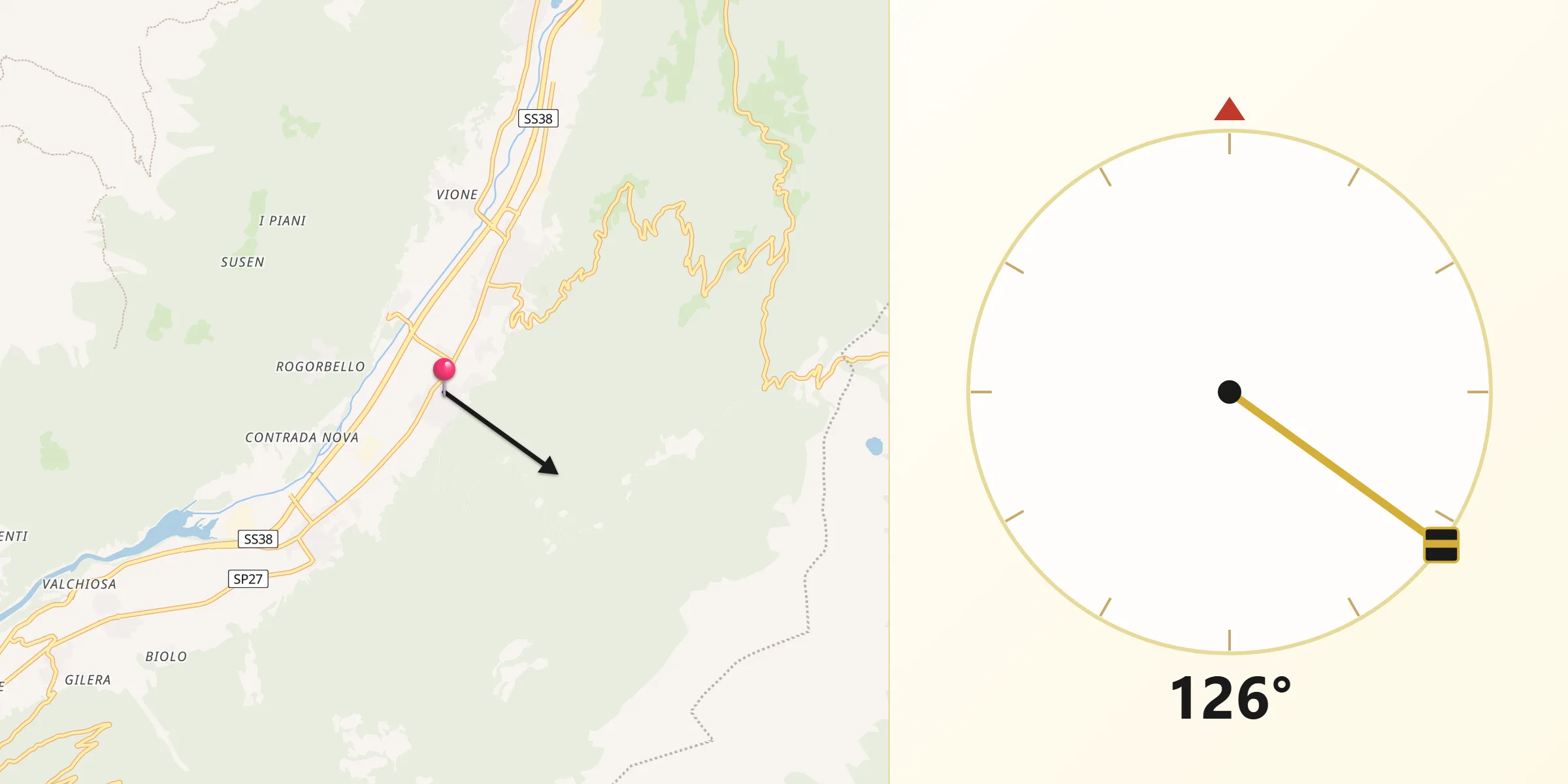 Direzione della Qibla da Tovo di Sant'Agata