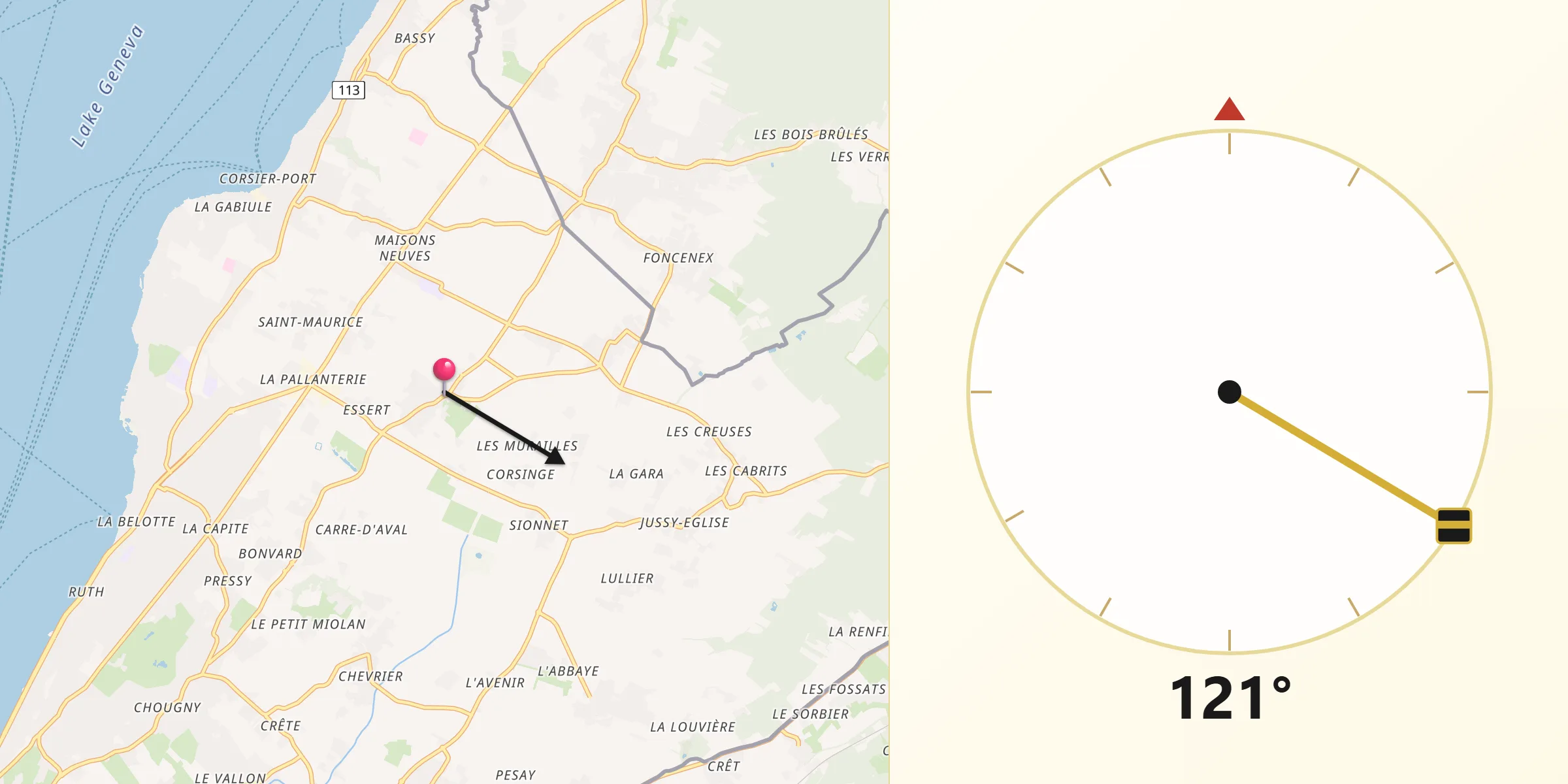 Direction vers la Qibla depuis Meinier