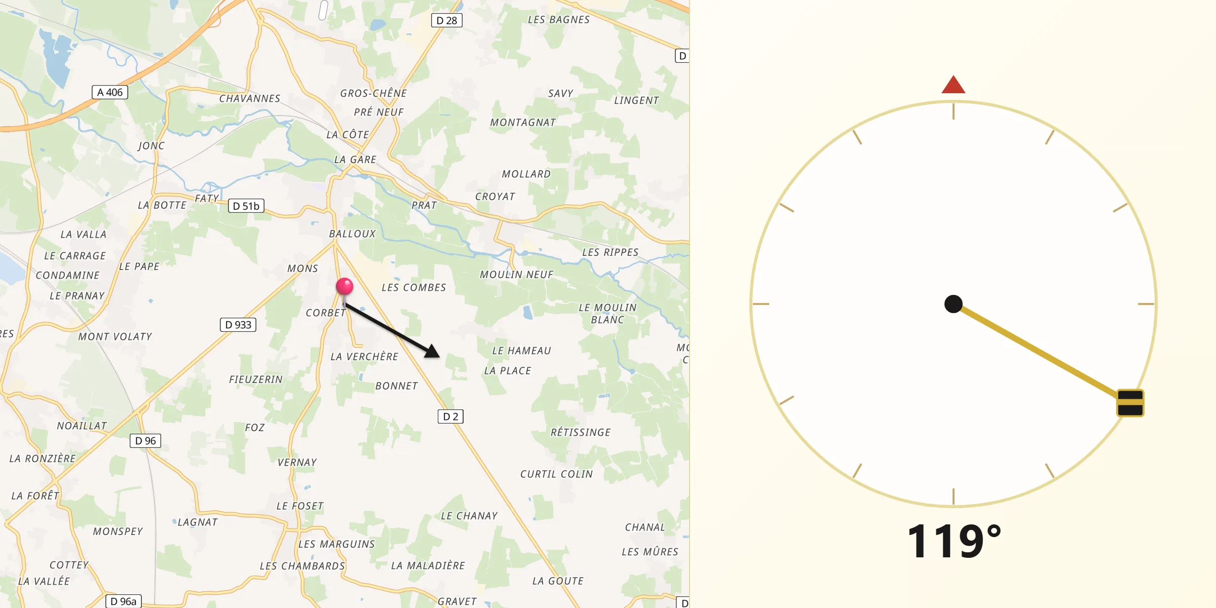 Direction vers la Qibla depuis Laiz