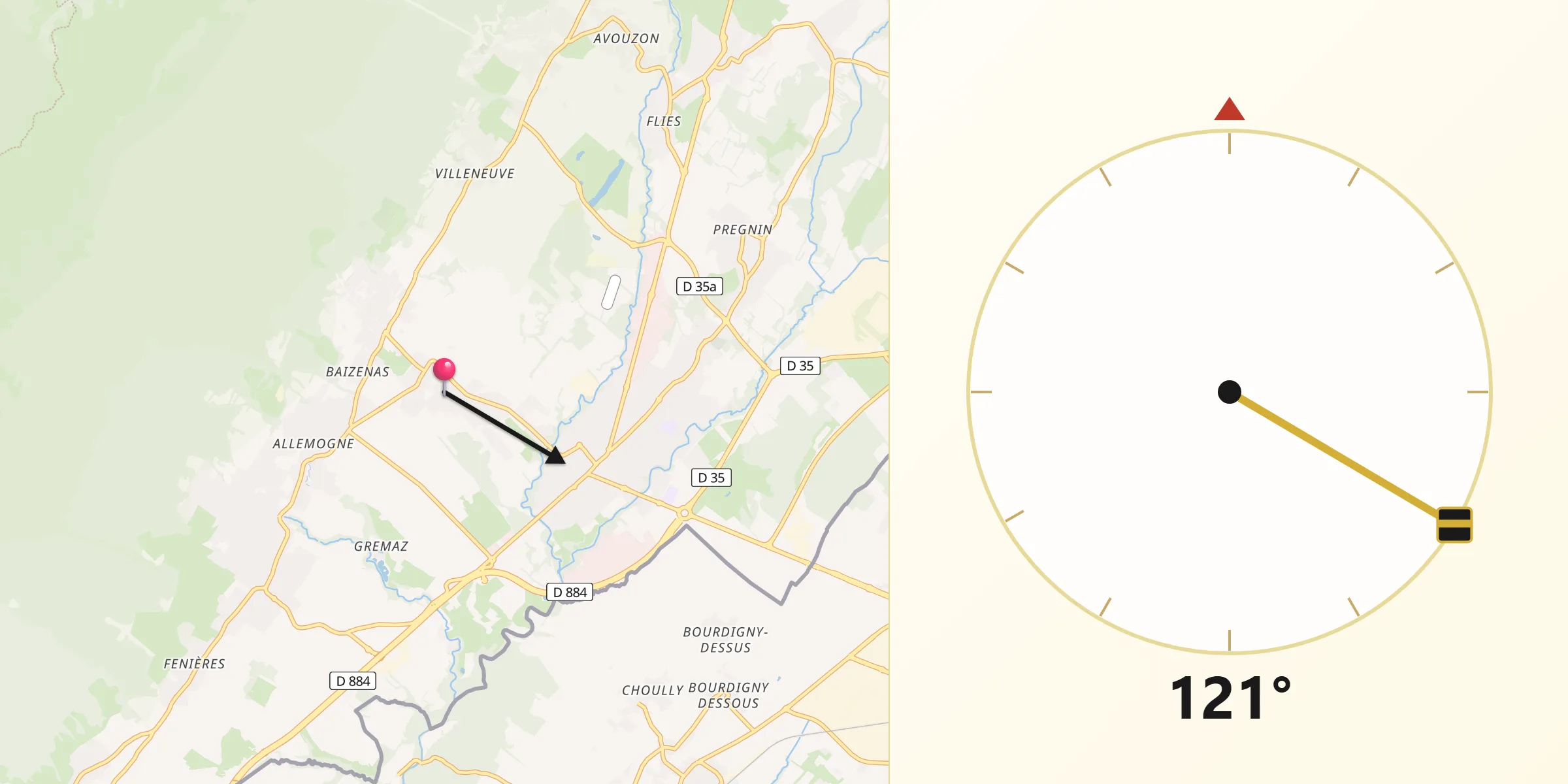 Direction vers la Qibla depuis Sergy