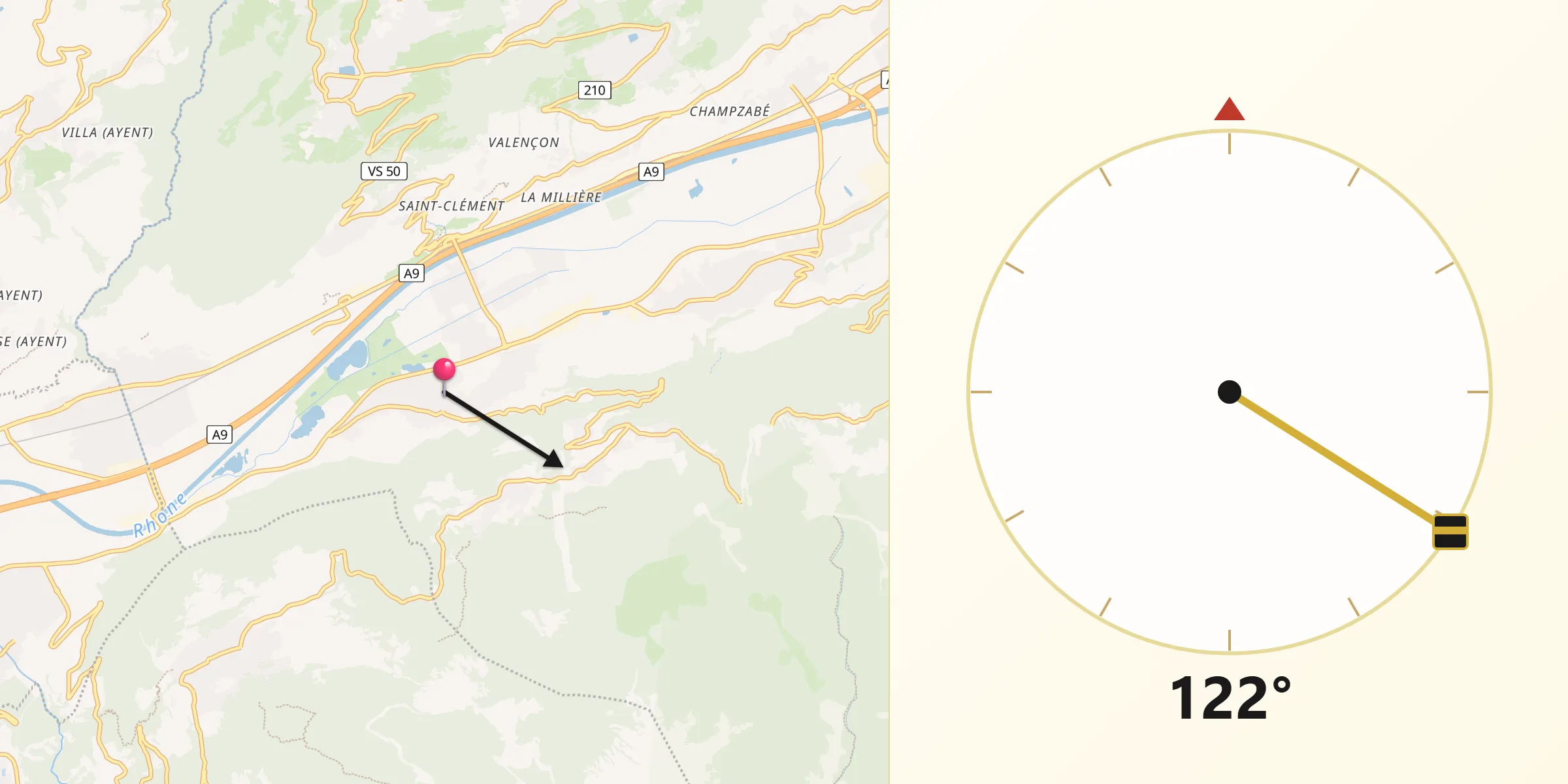 Direction vers la Qibla depuis Grône