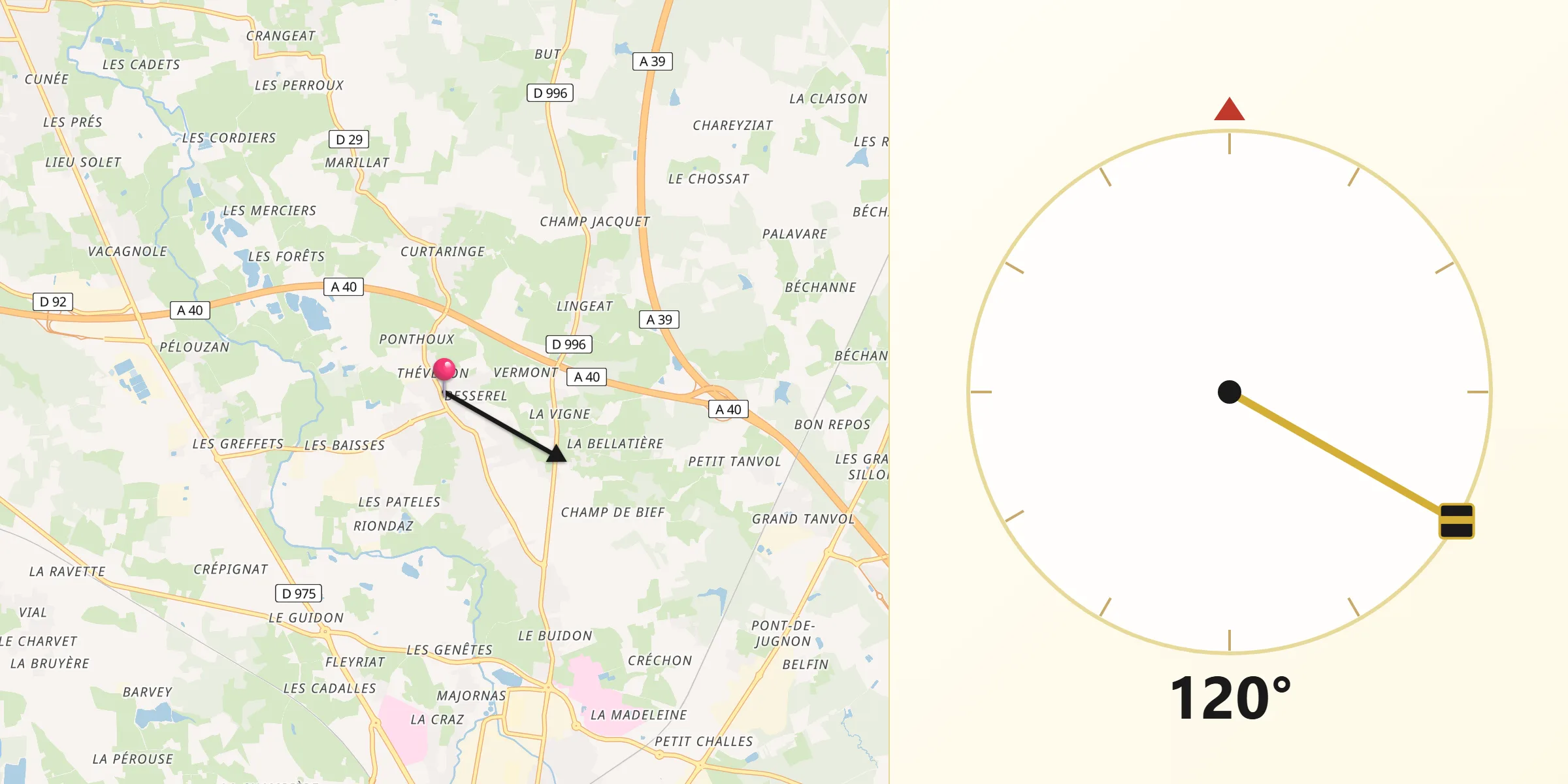 Direction vers la Qibla depuis Viriat