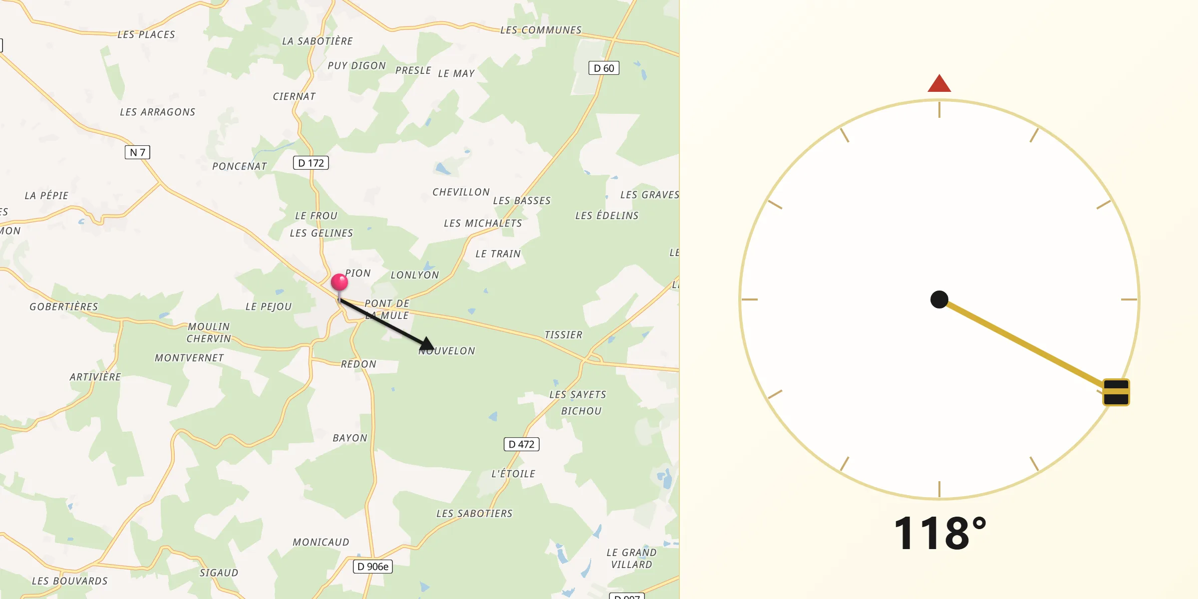Direction vers la Qibla depuis Saint-Gérand-le-Puy
