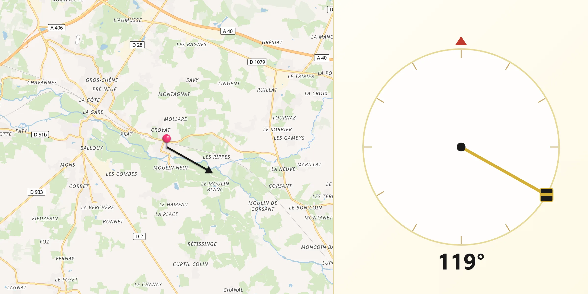Direction vers la Qibla depuis Saint-Jean-sur-Veyle
