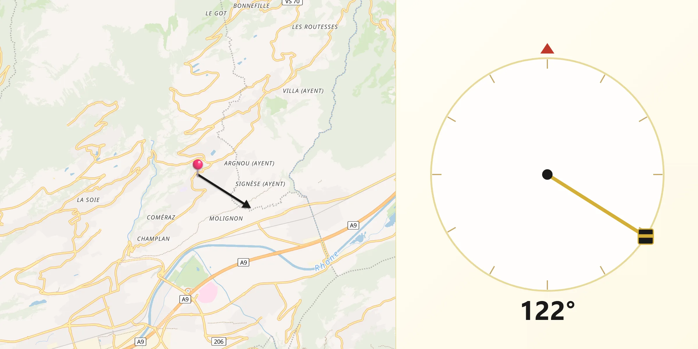 Direction vers la Qibla depuis Grimisuat