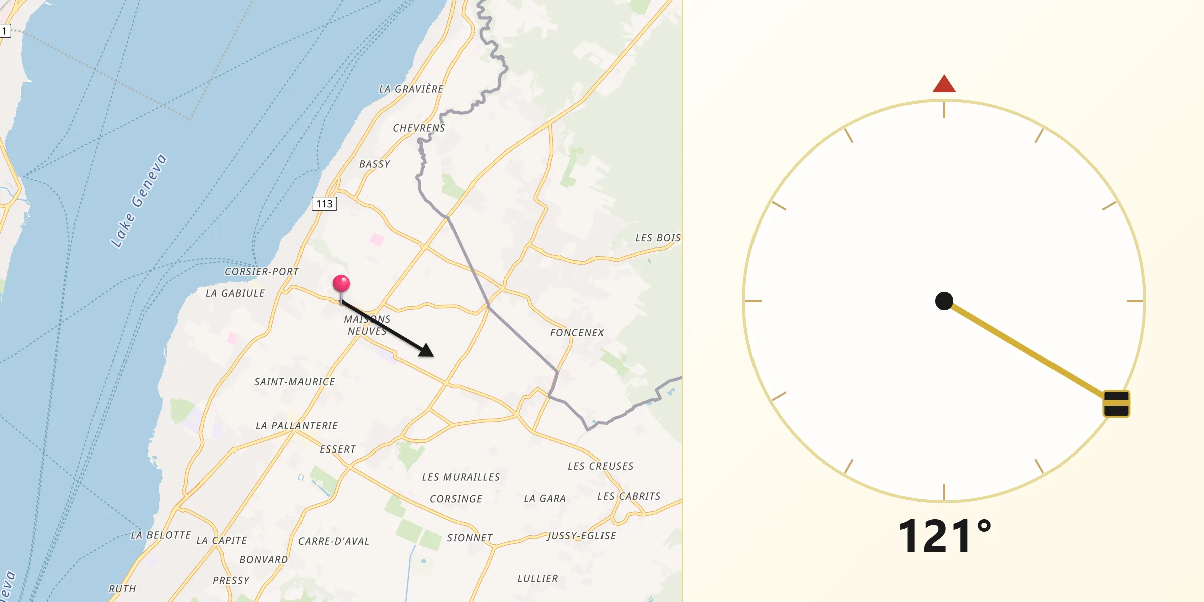 Direction vers la Qibla depuis Corsier
