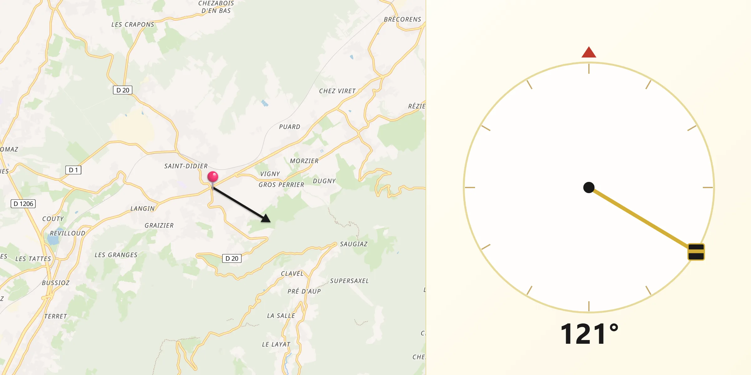 Direction vers la Qibla depuis Bons-en-Chablais
