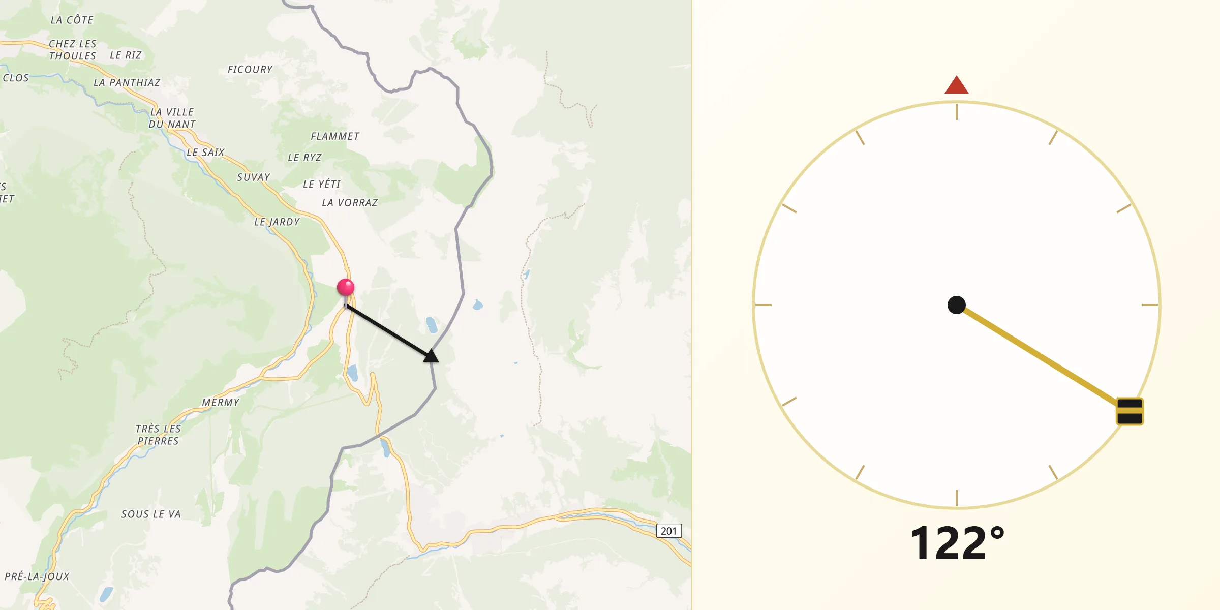 Direction vers la Qibla depuis Châtel