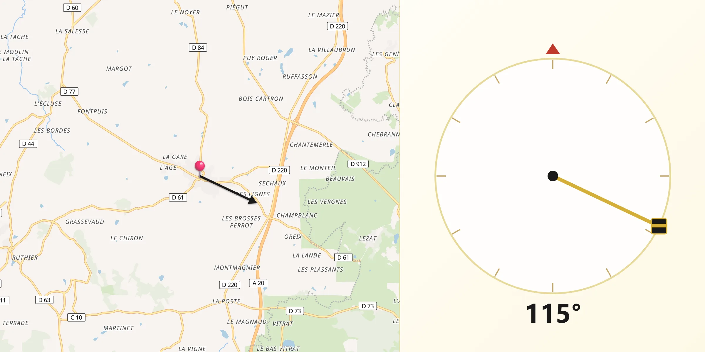 Direction vers la Qibla depuis Arnac-la-Poste