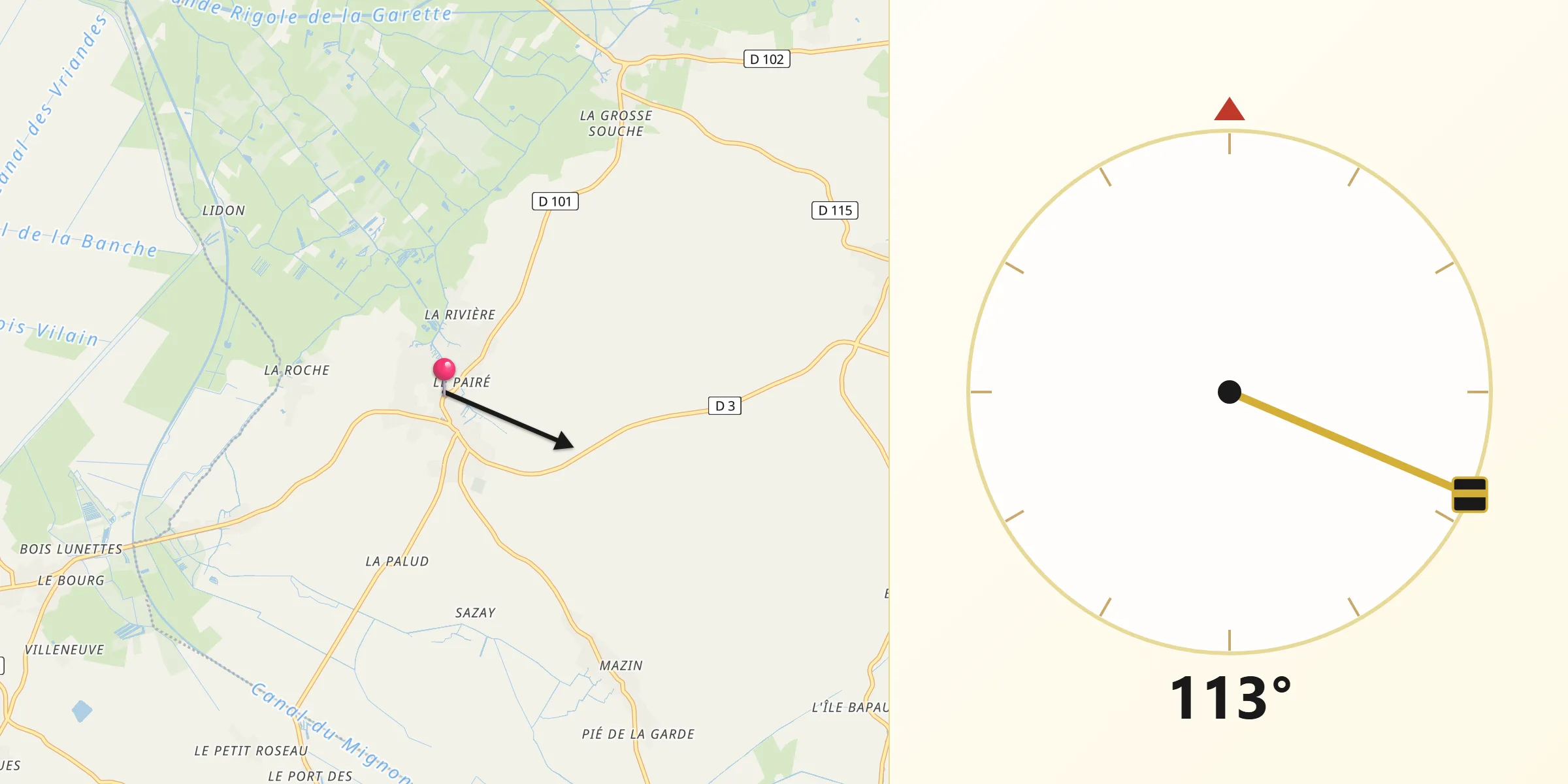 Direction vers la Qibla depuis Saint-Hilaire-la-Palud