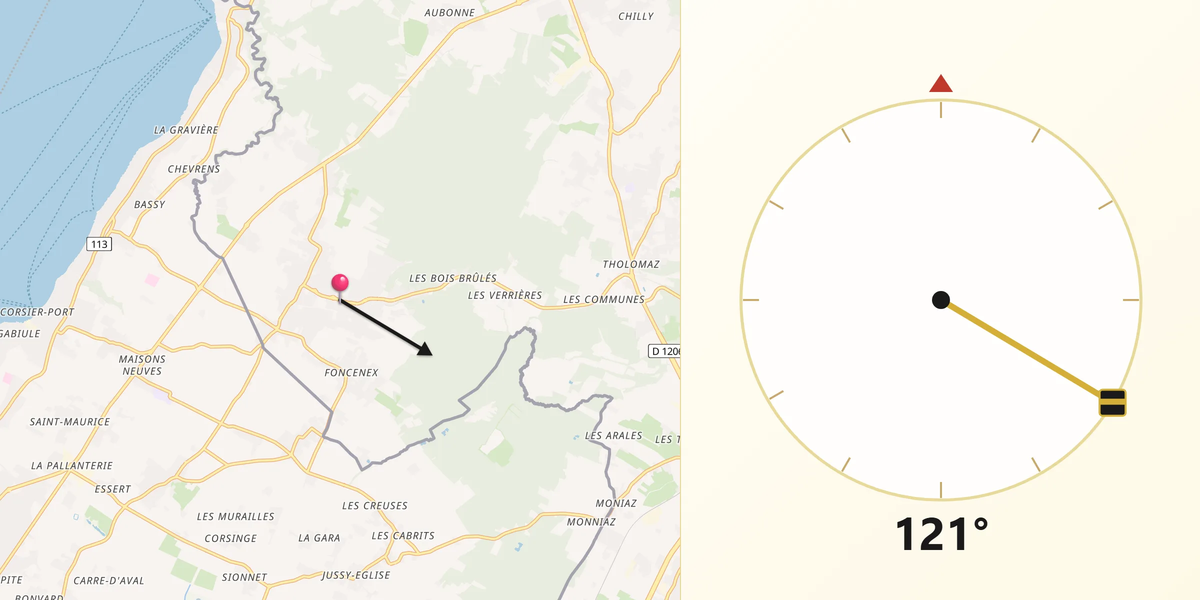 Direction vers la Qibla depuis Veigy