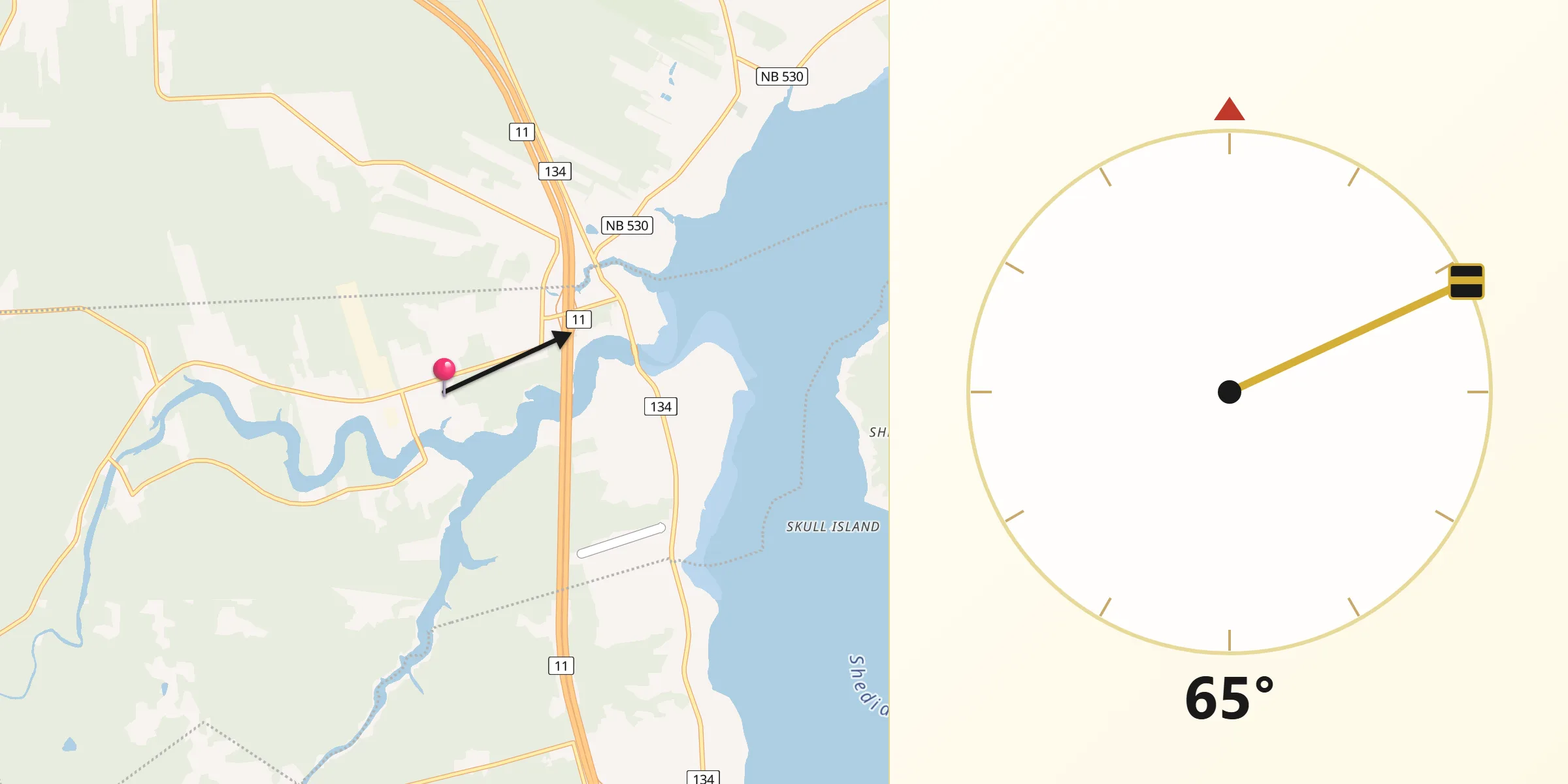Qibla Direction from Shediac Bridge-Shediac River