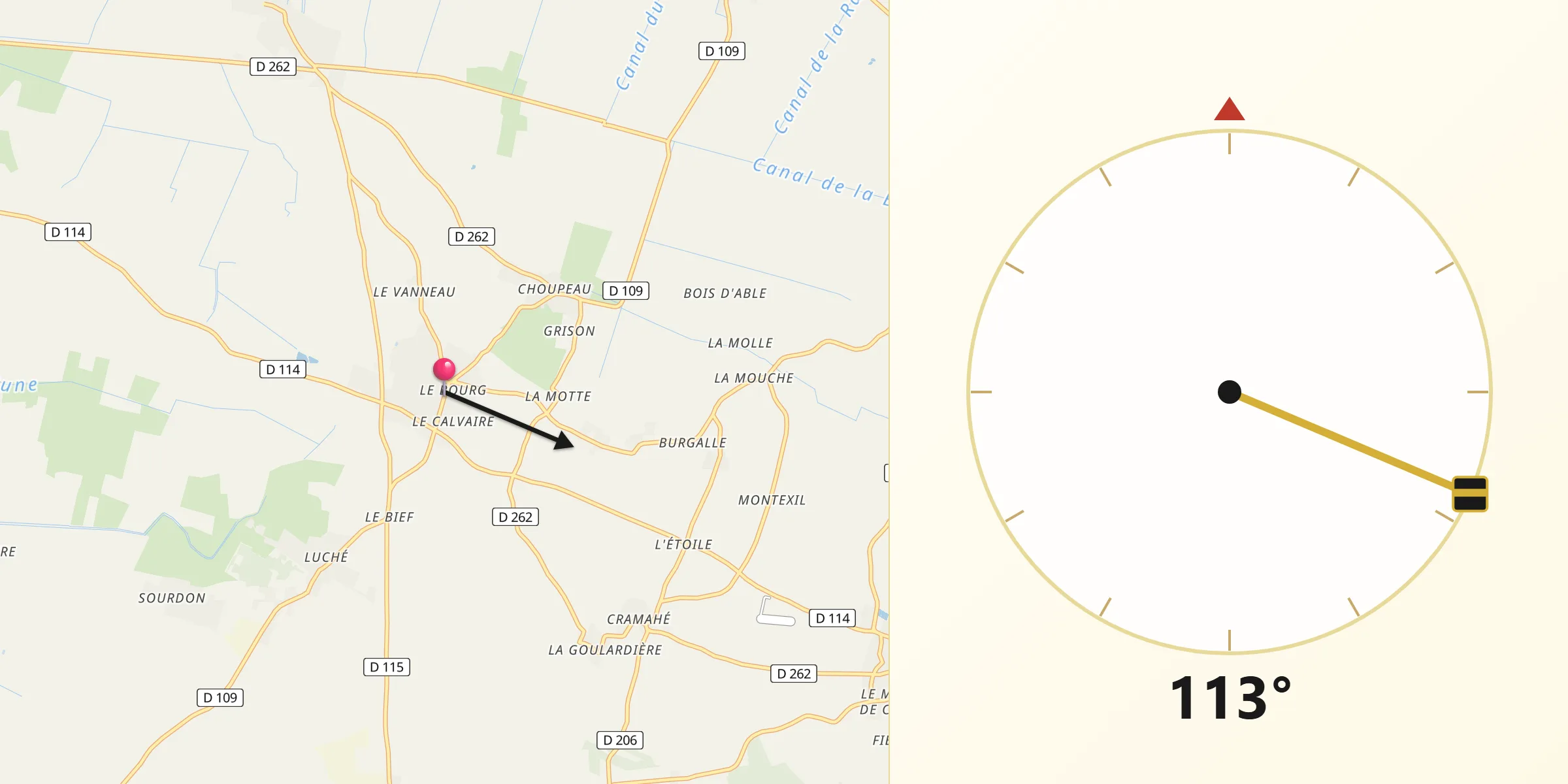 Direction vers la Qibla depuis Saint-Jean-de-Liversay