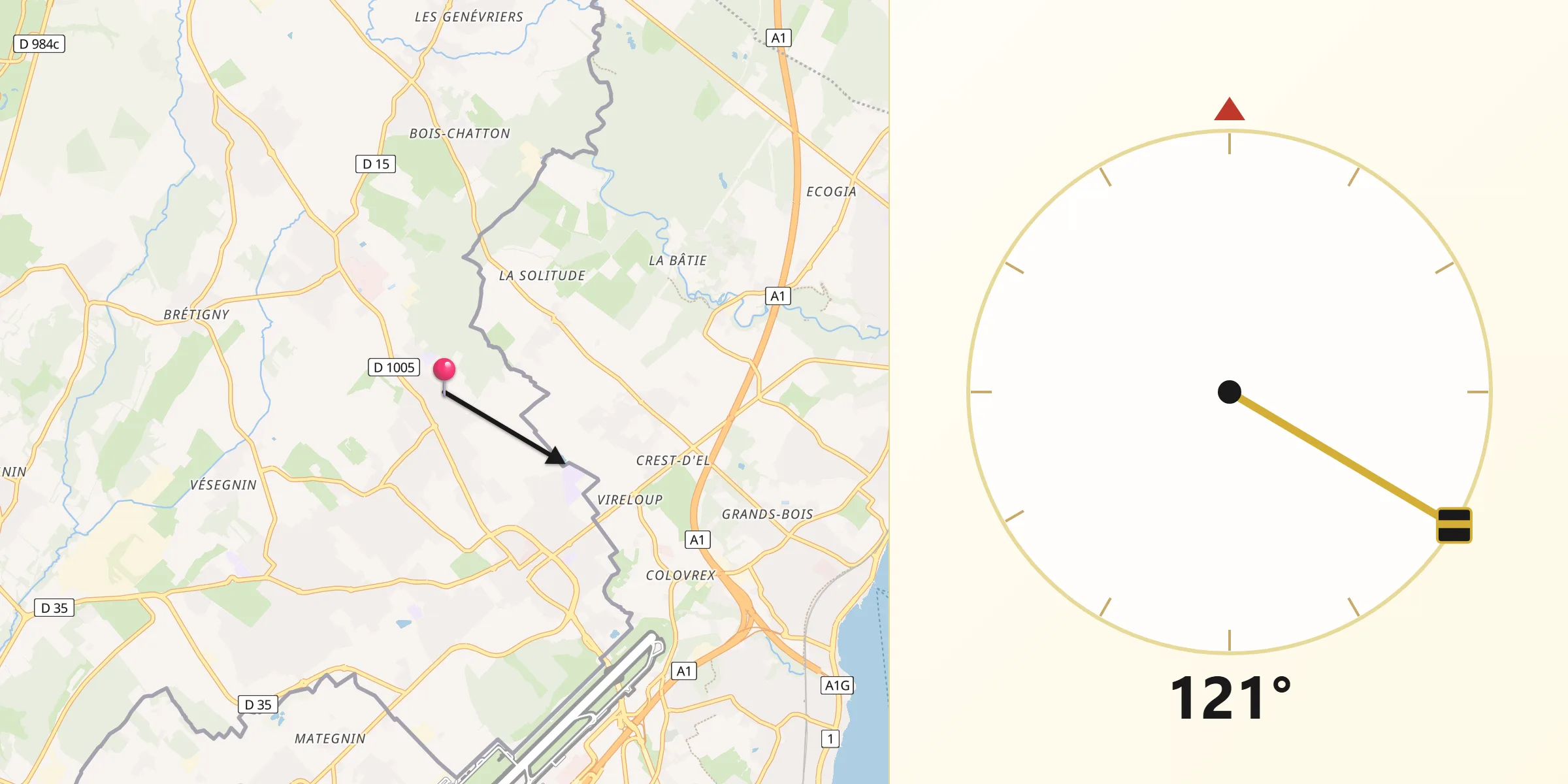 Direction vers la Qibla depuis Ornex