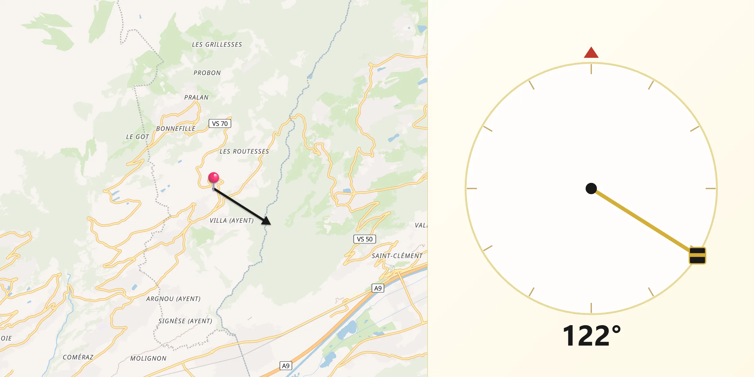 Direction vers la Qibla depuis Ayent