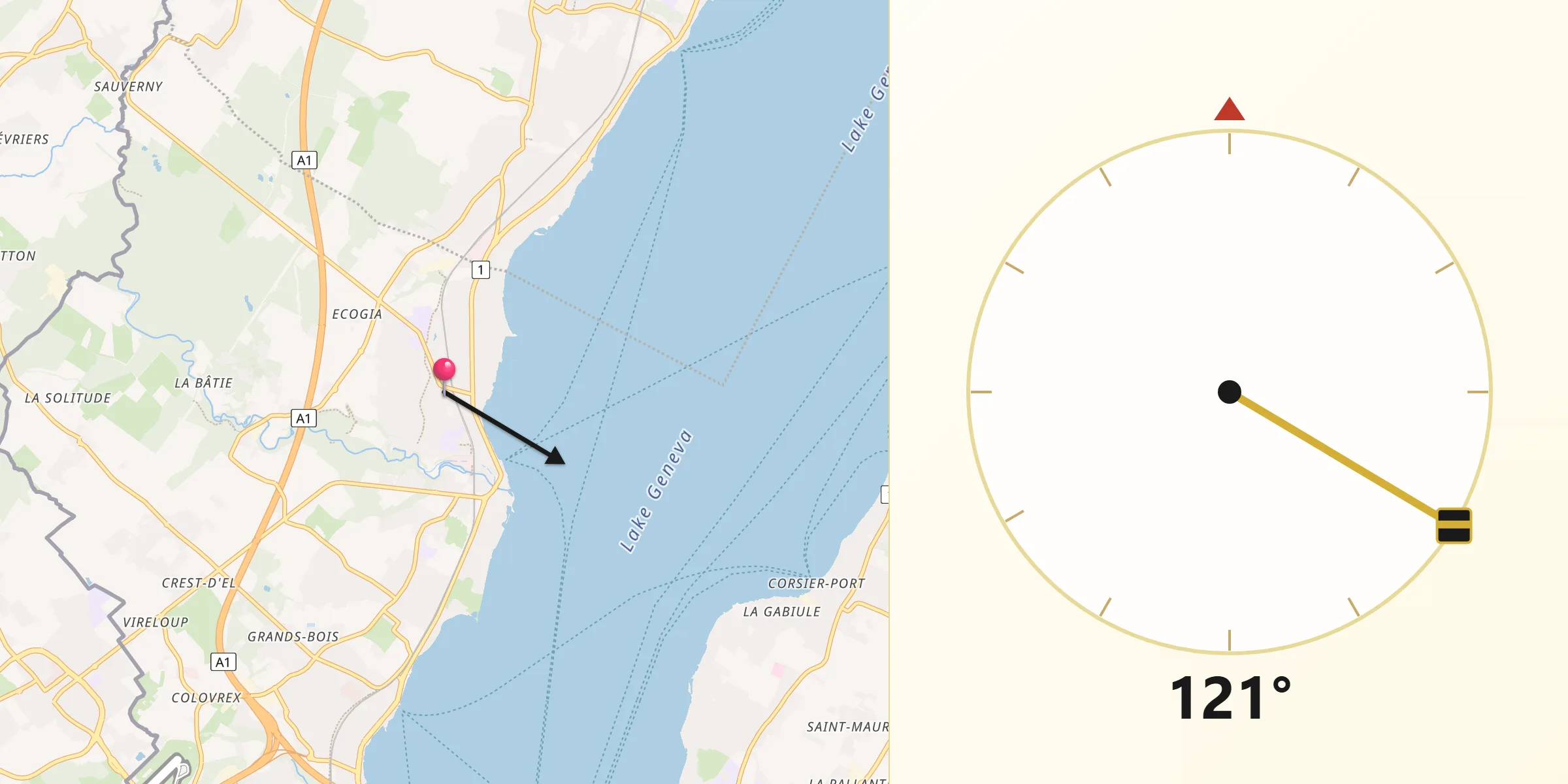 Direction vers la Qibla depuis Versoix