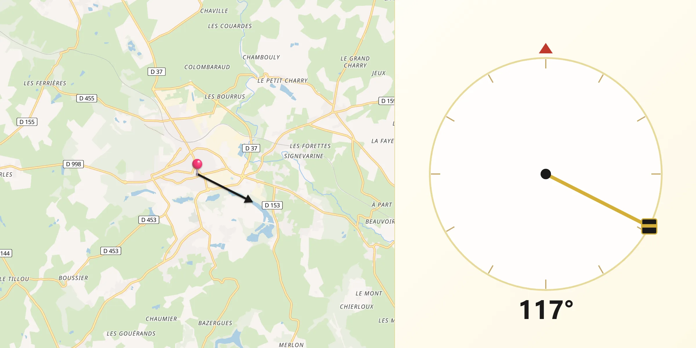 Direction vers la Qibla depuis Commentry