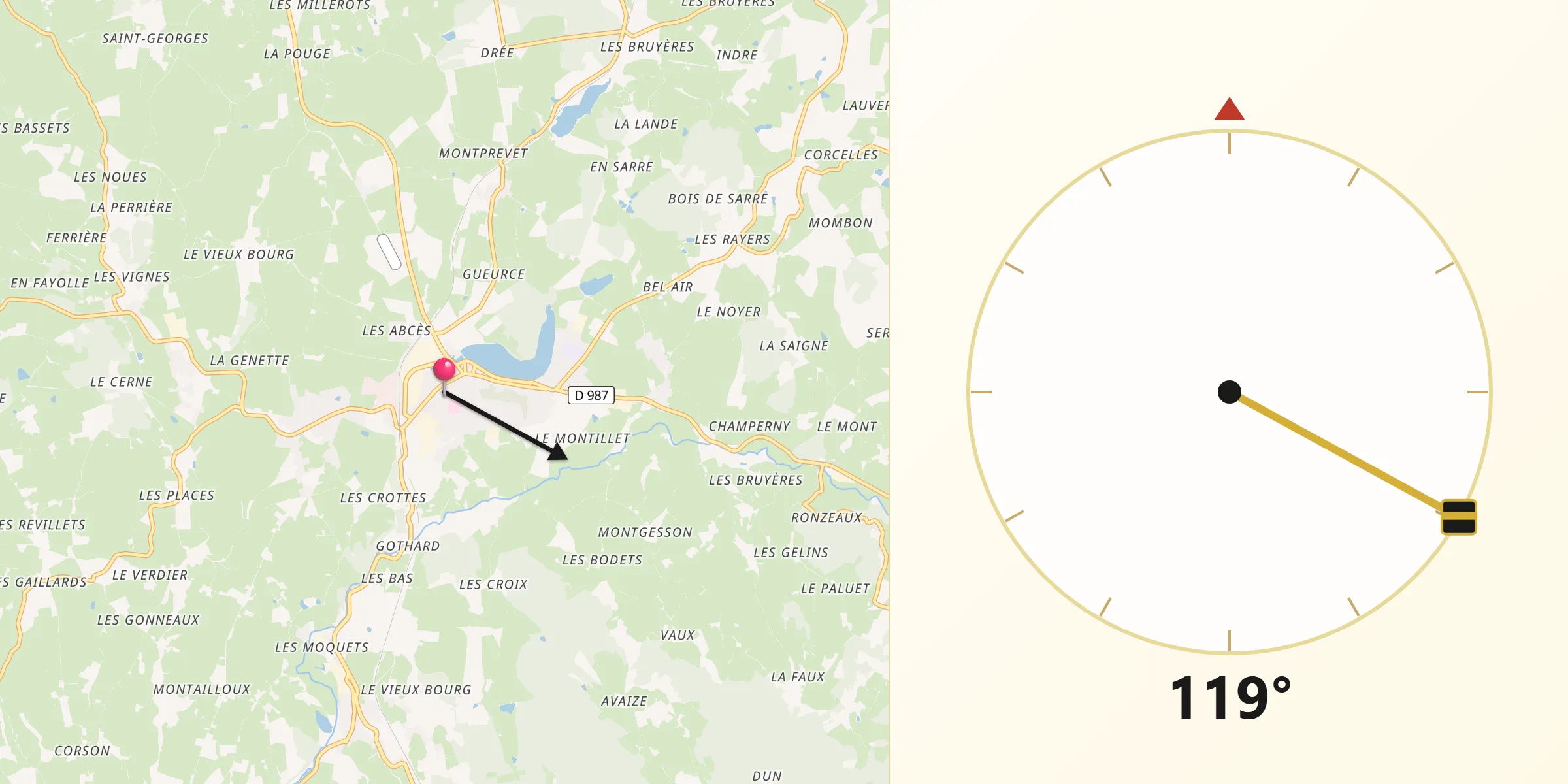 Direction vers la Qibla depuis La Clayette