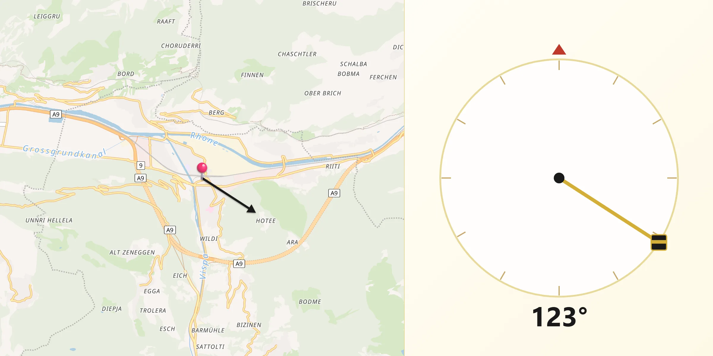 Direction vers la Qibla depuis Viège