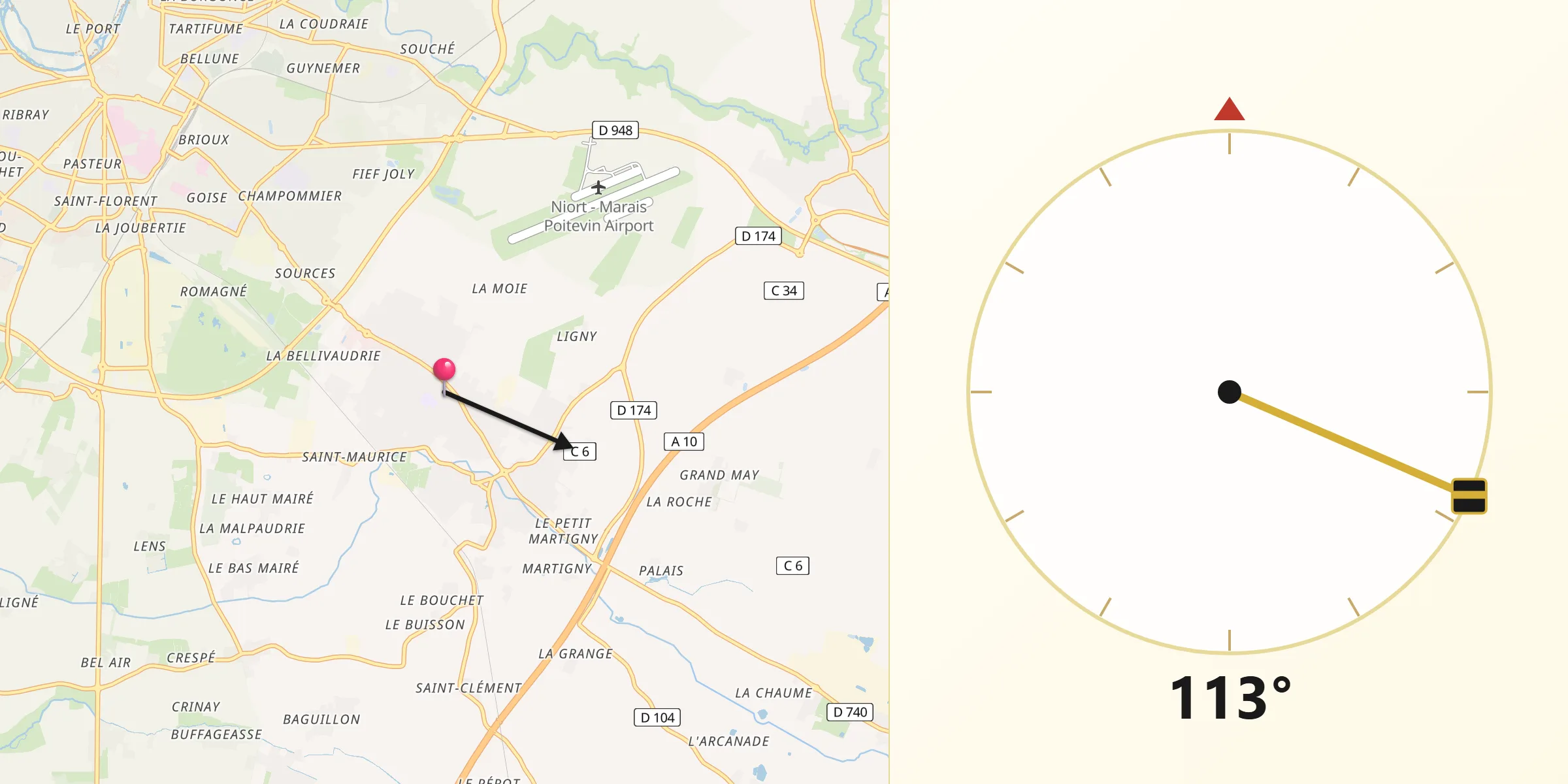 Direction vers la Qibla depuis Aiffres