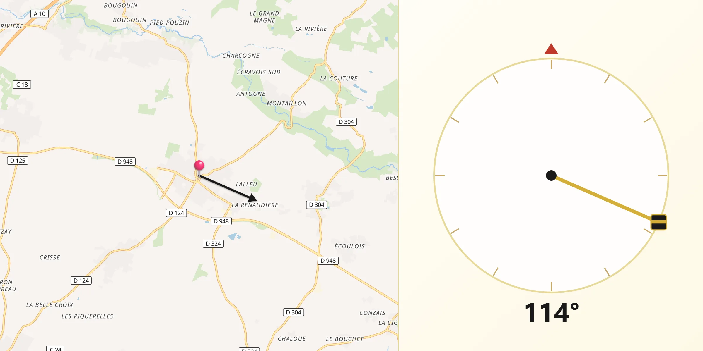 Direction vers la Qibla depuis Mougon