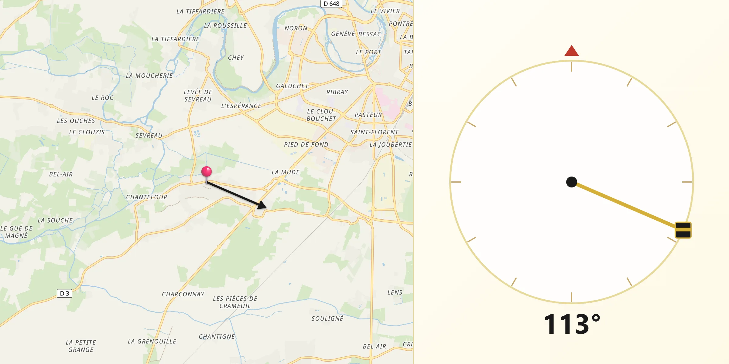 Direction vers la Qibla depuis Bessines