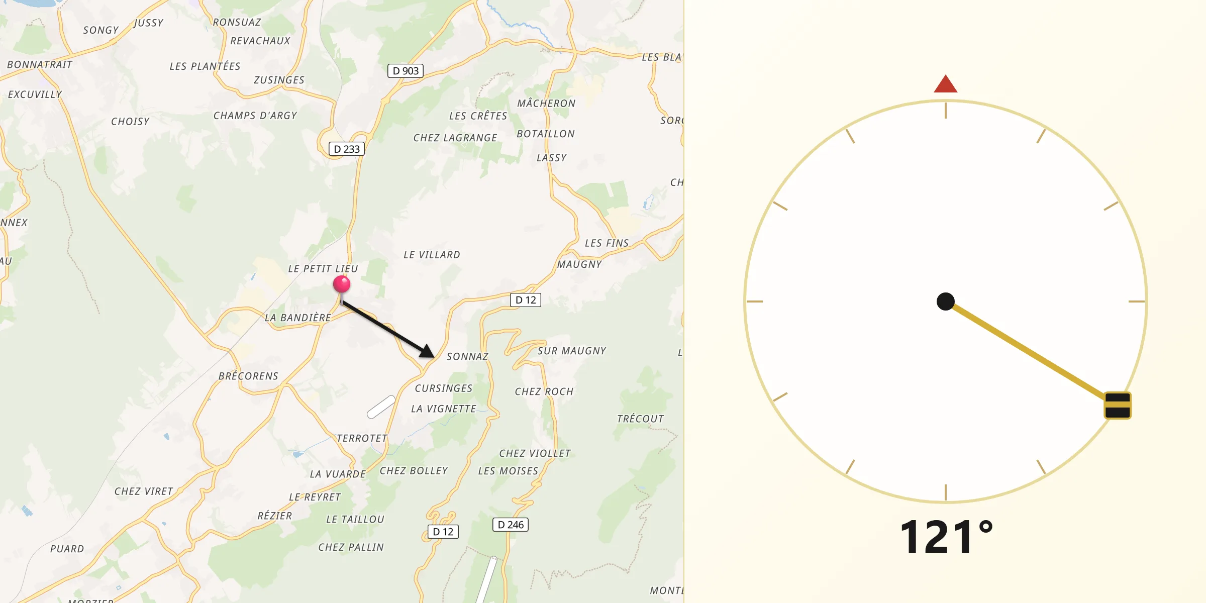 Direction vers la Qibla depuis Perrignier