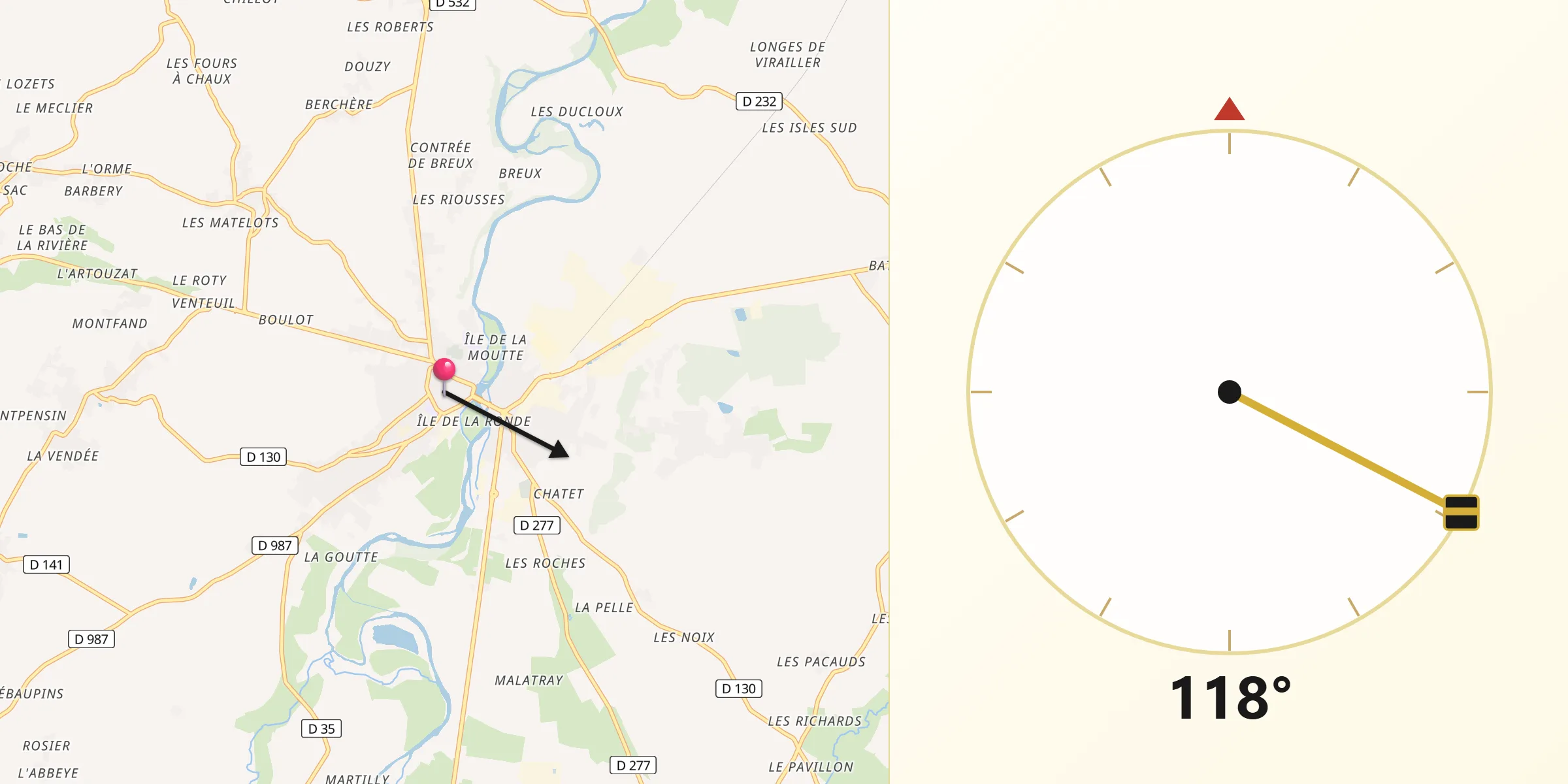 Direction vers la Qibla depuis Saint-Pourçain-sur-Sioule