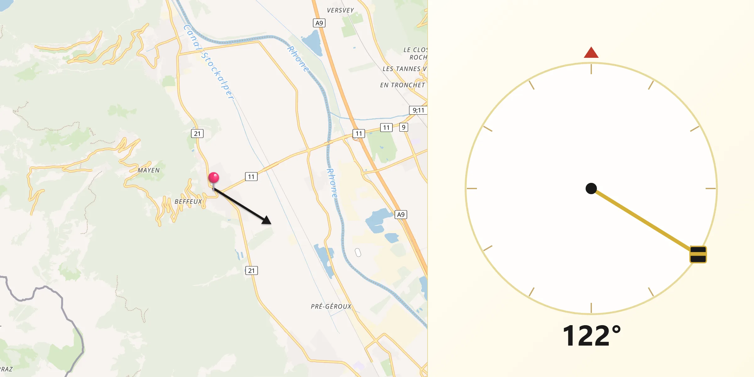 Direction vers la Qibla depuis Vionnaz