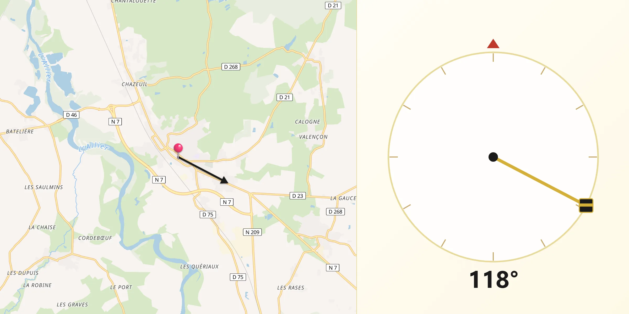 Direction vers la Qibla depuis Varennes-sur-Allier