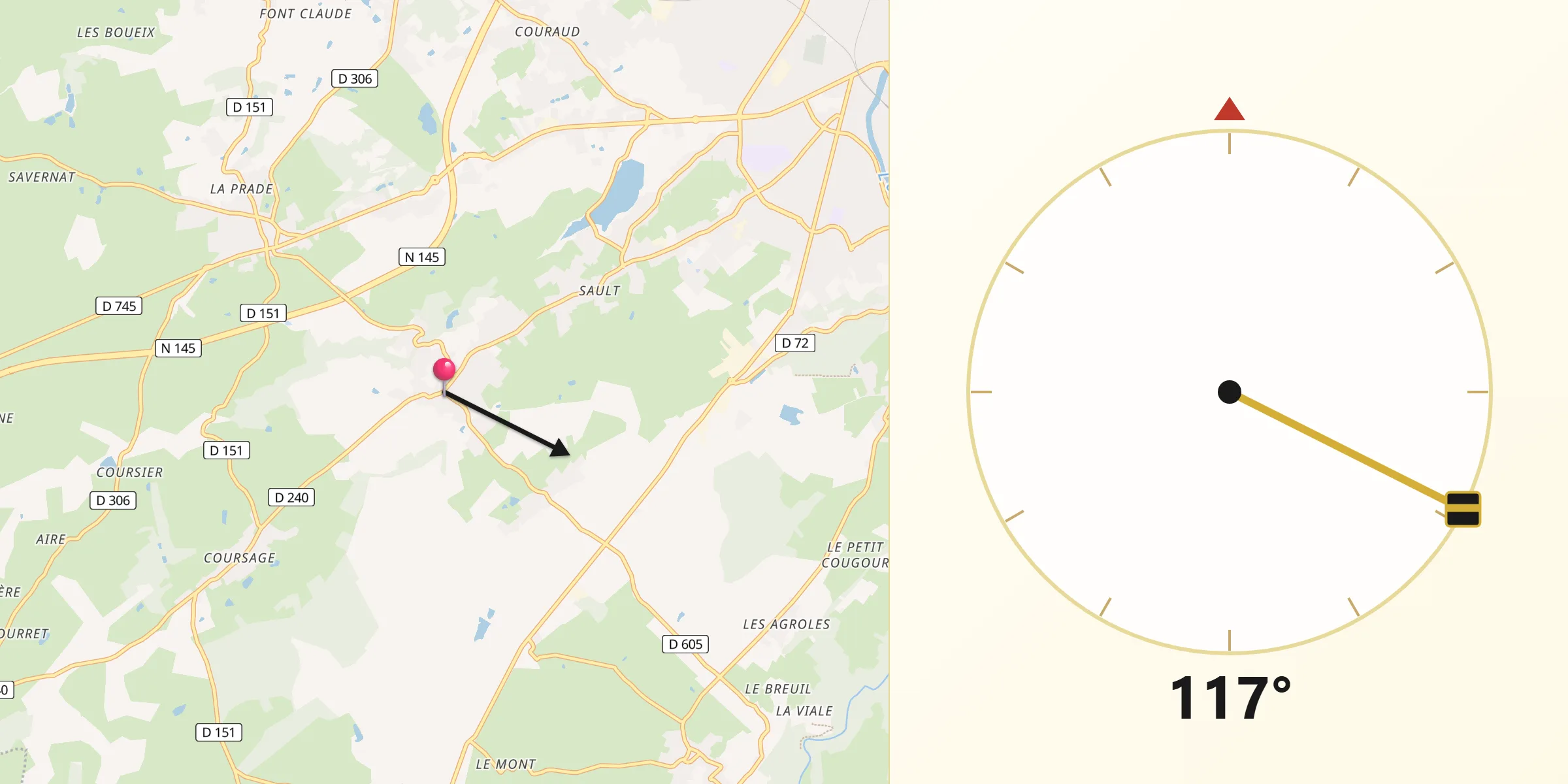 Direction vers la Qibla depuis Prémilhat