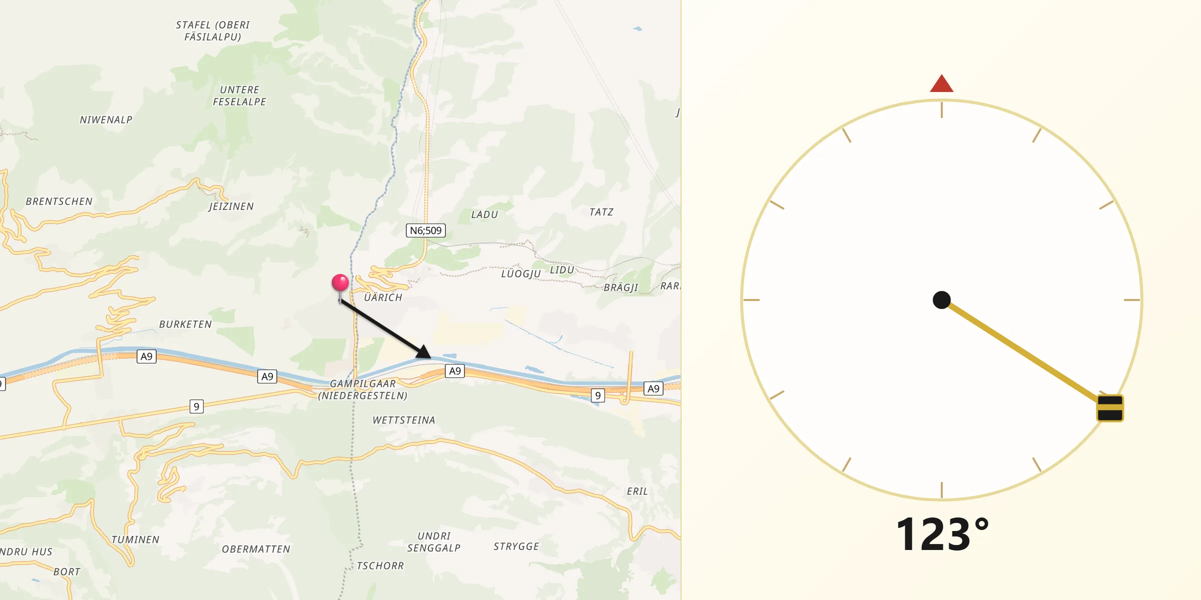 Direction vers la Qibla depuis Gampel