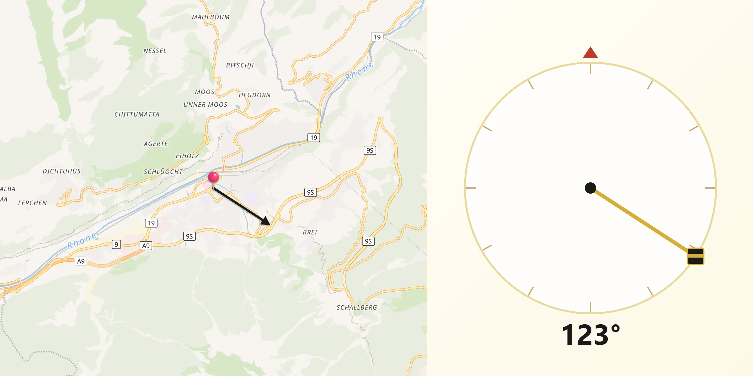 Direction vers la Qibla depuis Brig