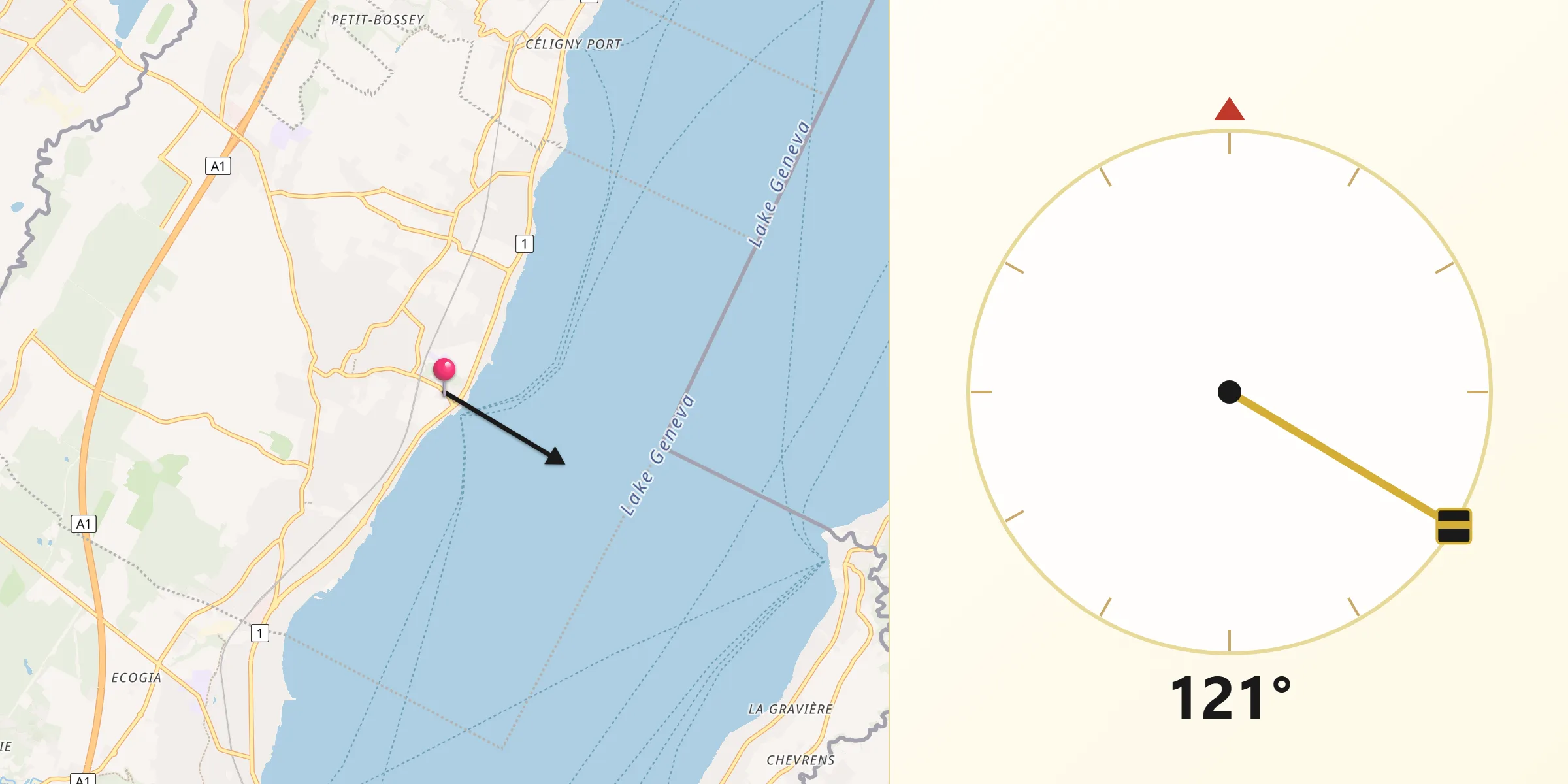 Direction vers la Qibla depuis Coppet