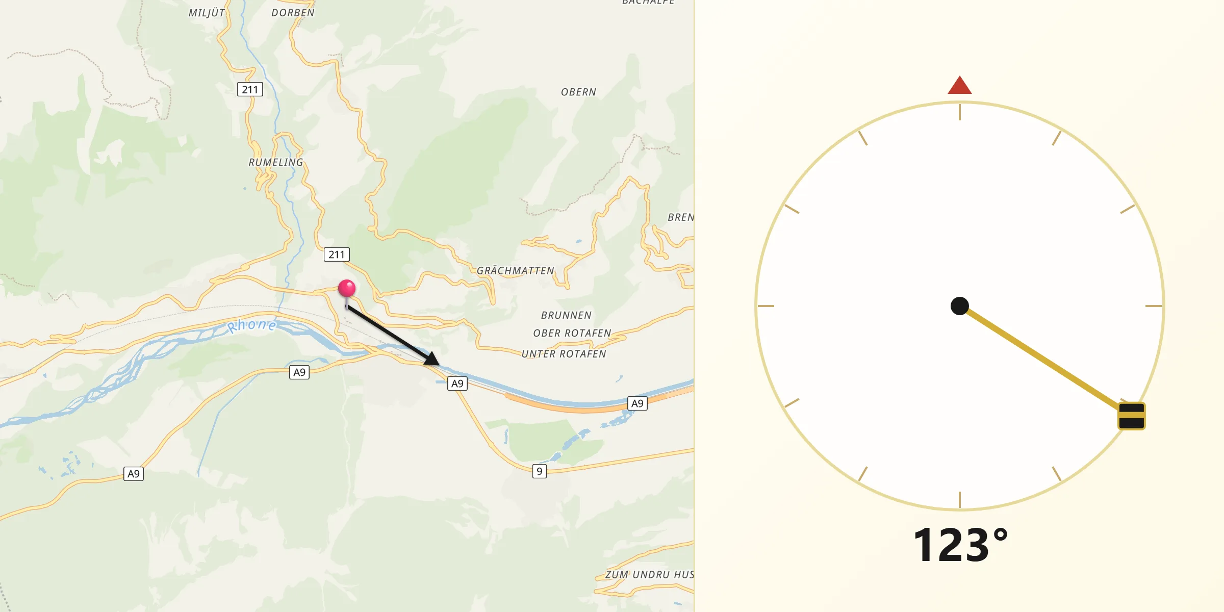 Direction vers la Qibla depuis Leuk