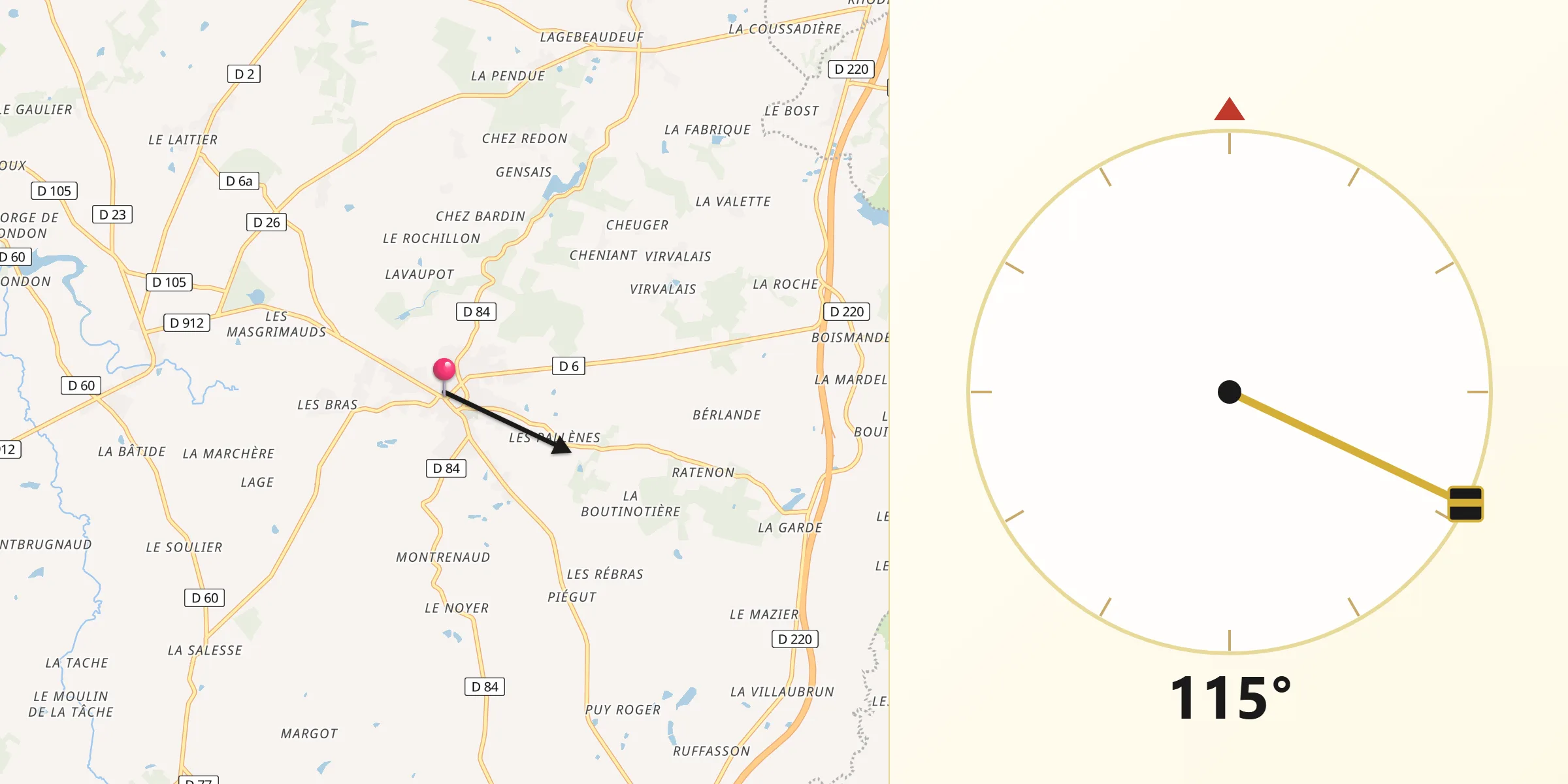 Direction vers la Qibla depuis Saint-Sulpice-les-Feuilles