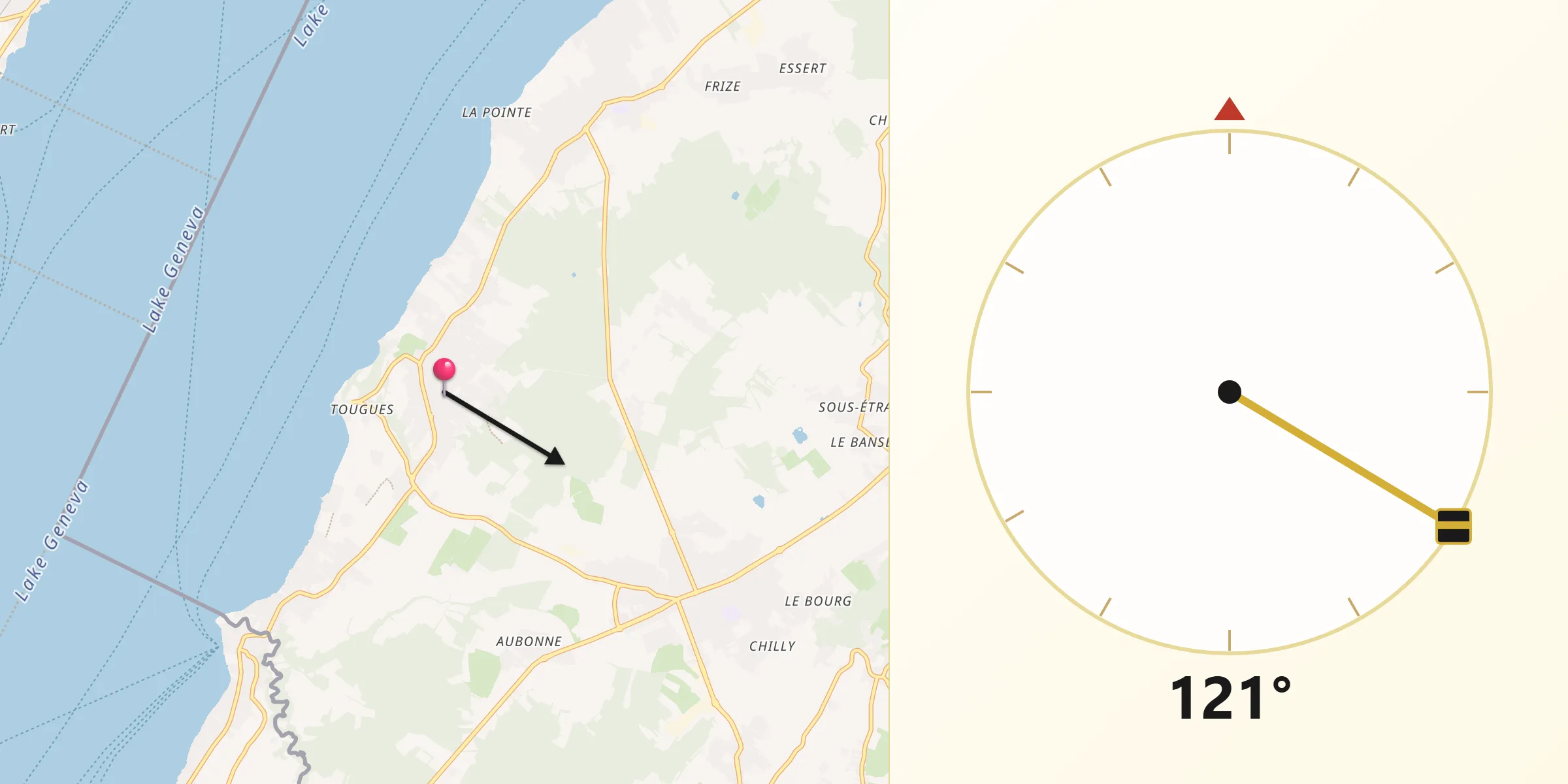 Direction vers la Qibla depuis Chens-sur-Léman