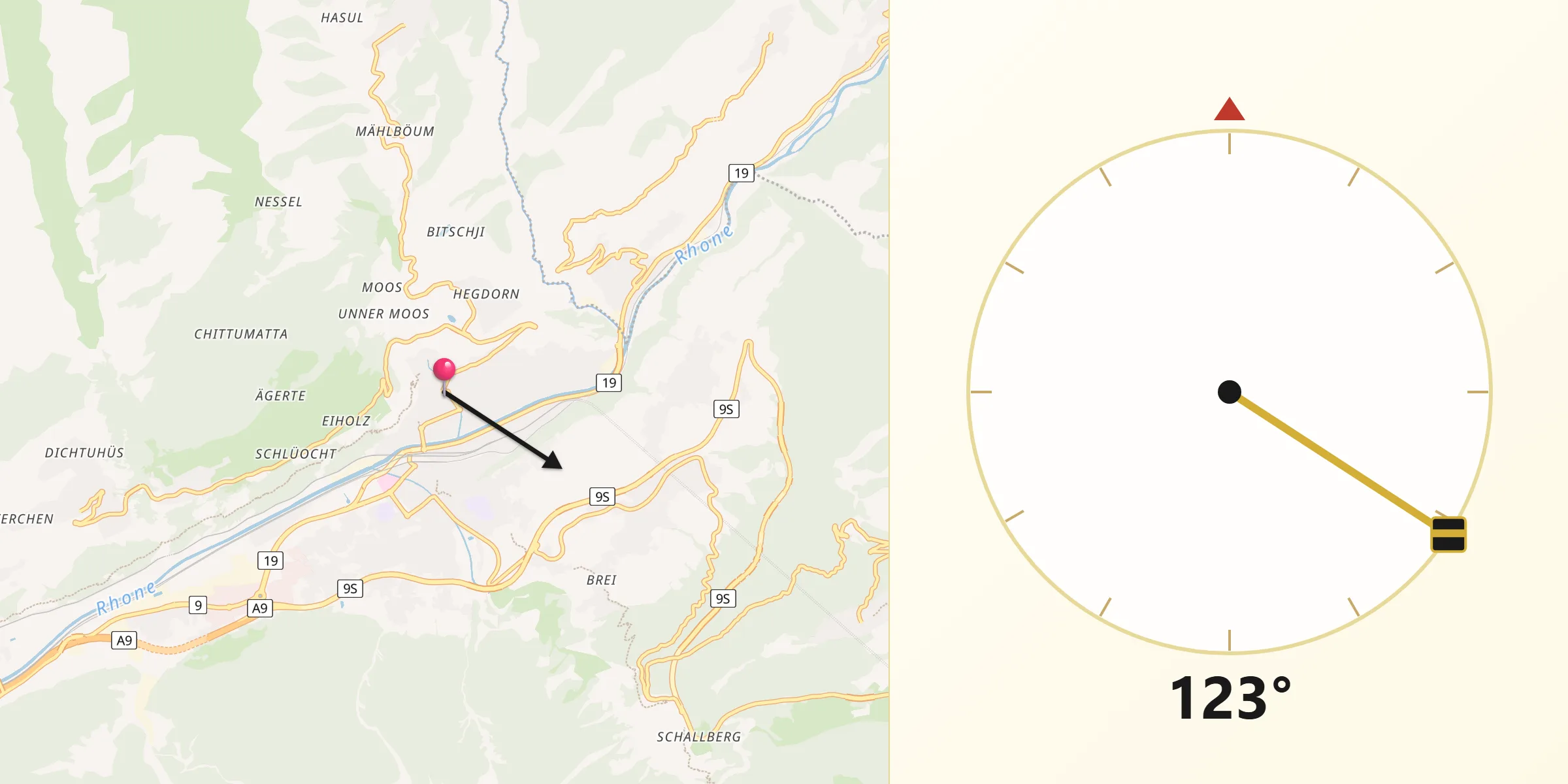 Direction vers la Qibla depuis Naters