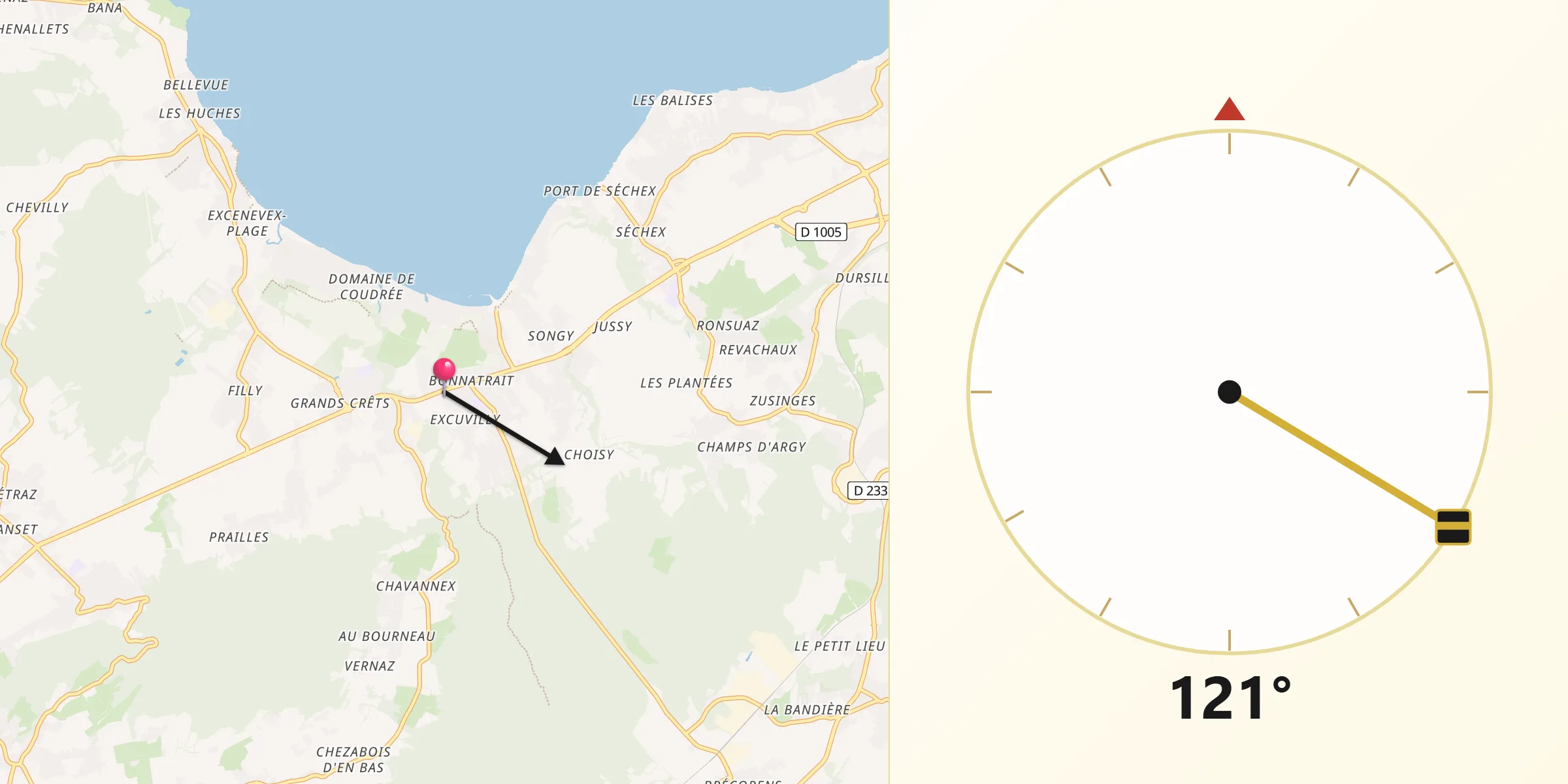 Direction vers la Qibla depuis Sciez
