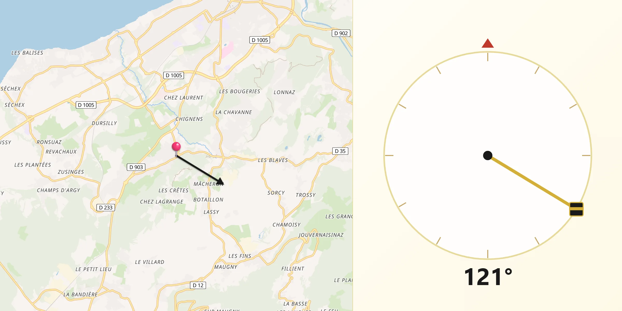 Direction vers la Qibla depuis Allinges
