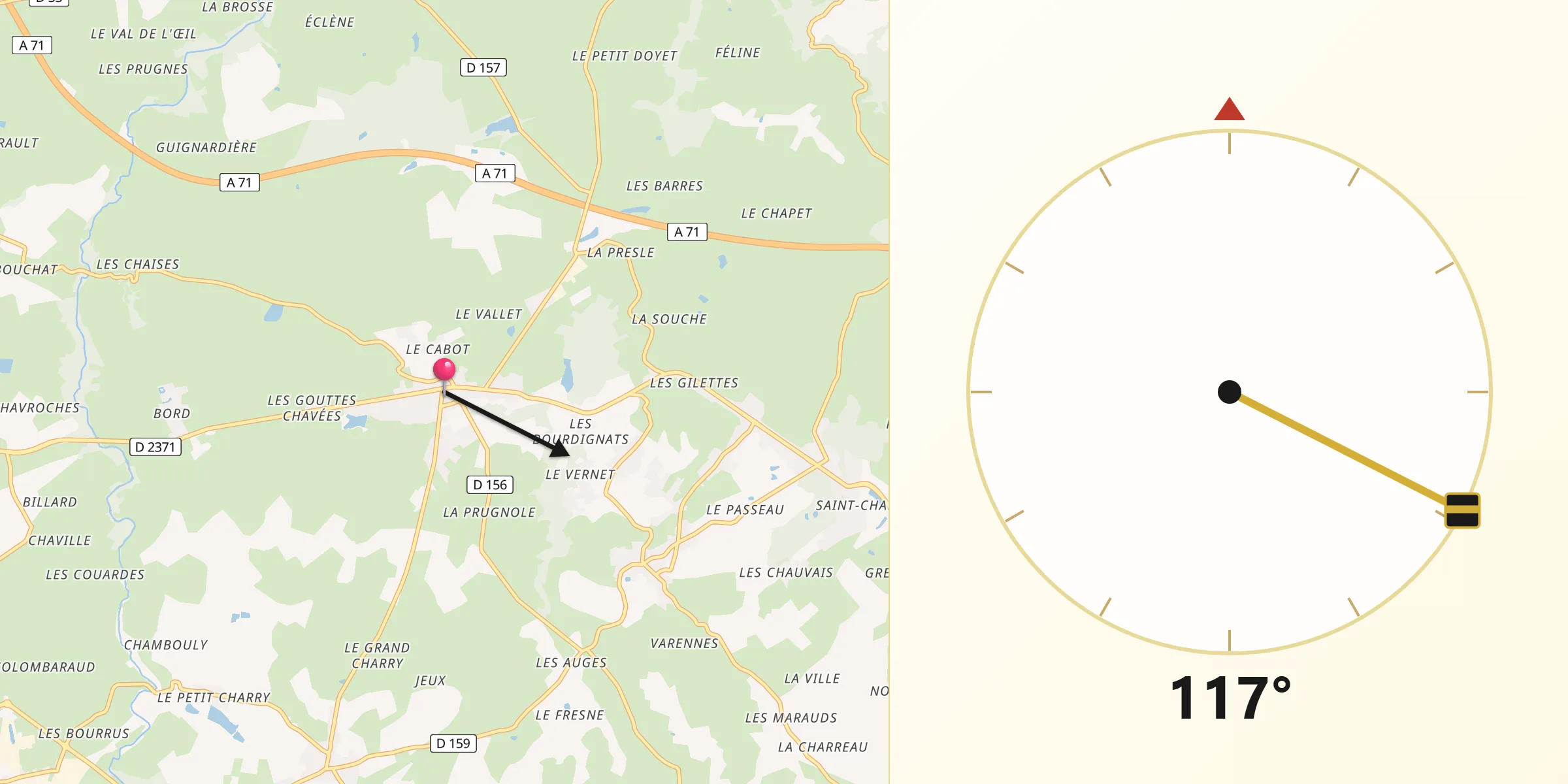 Direction vers la Qibla depuis Doyet