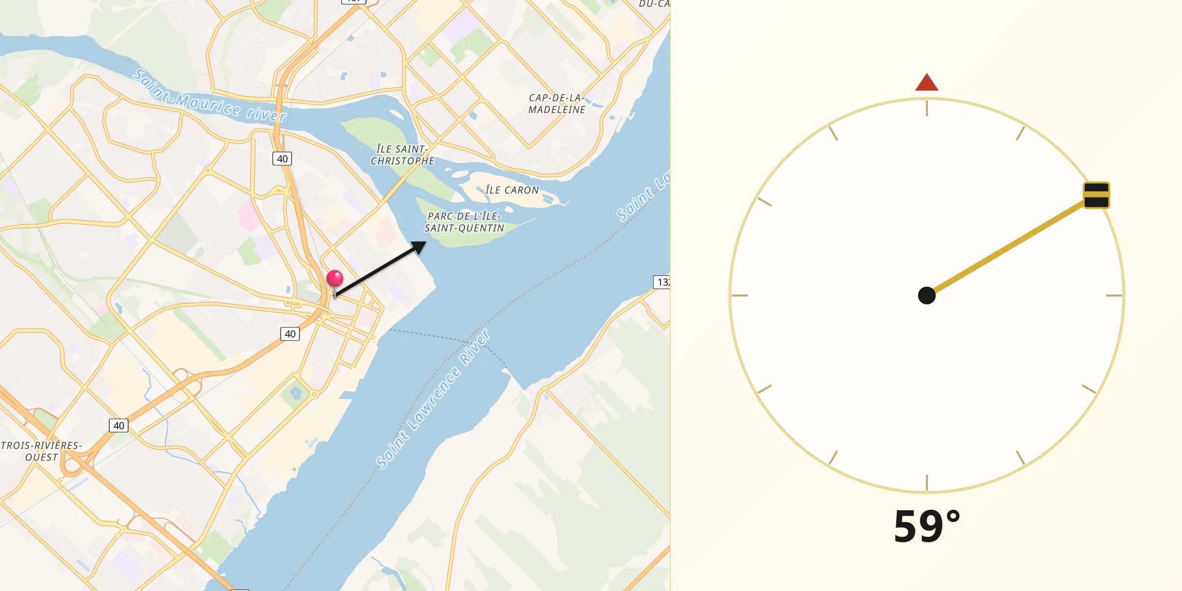 Qibla Direction from Trois-Rivières