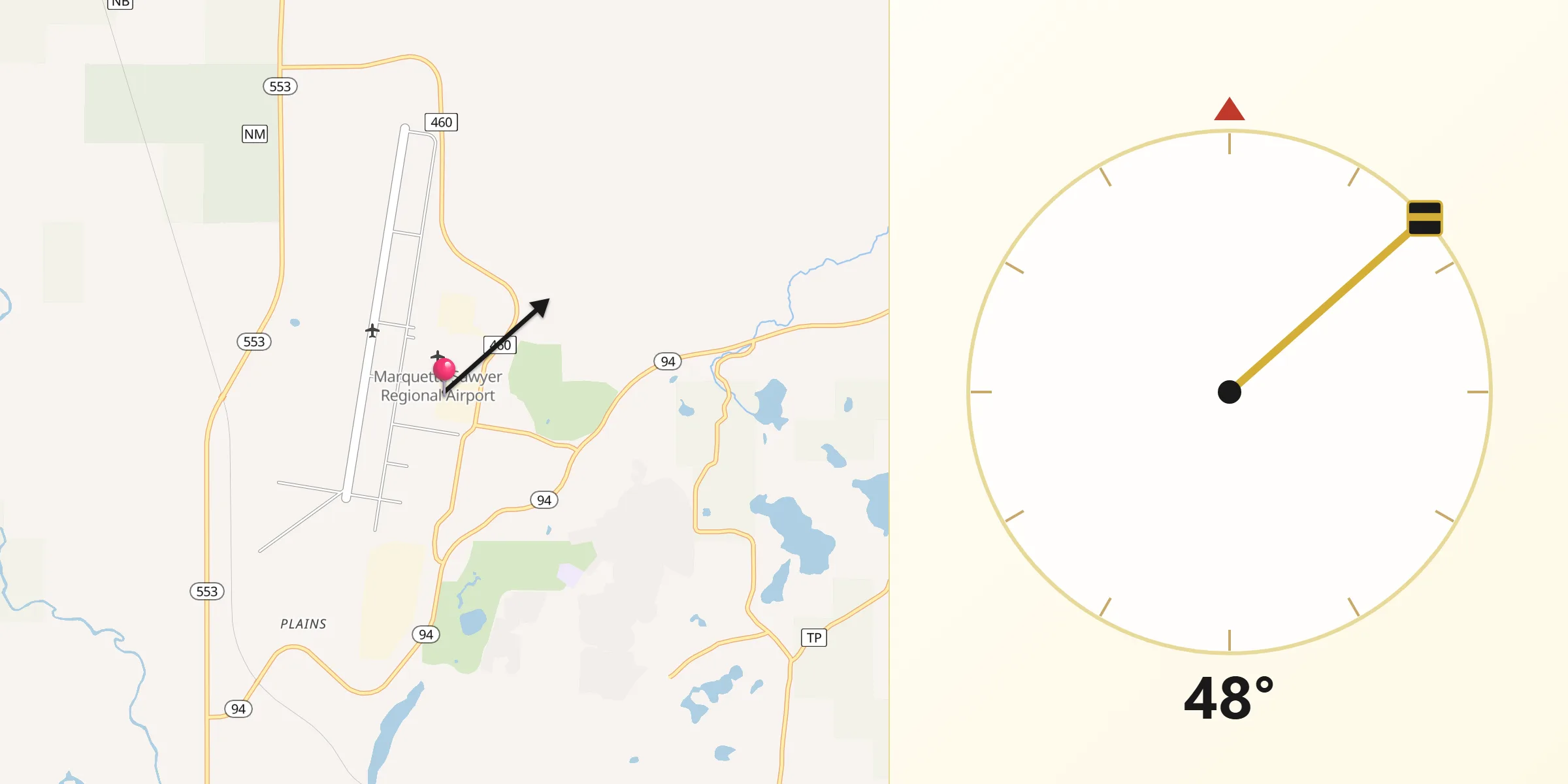 Qibla Direction from K. I. Sawyer Air Force Base